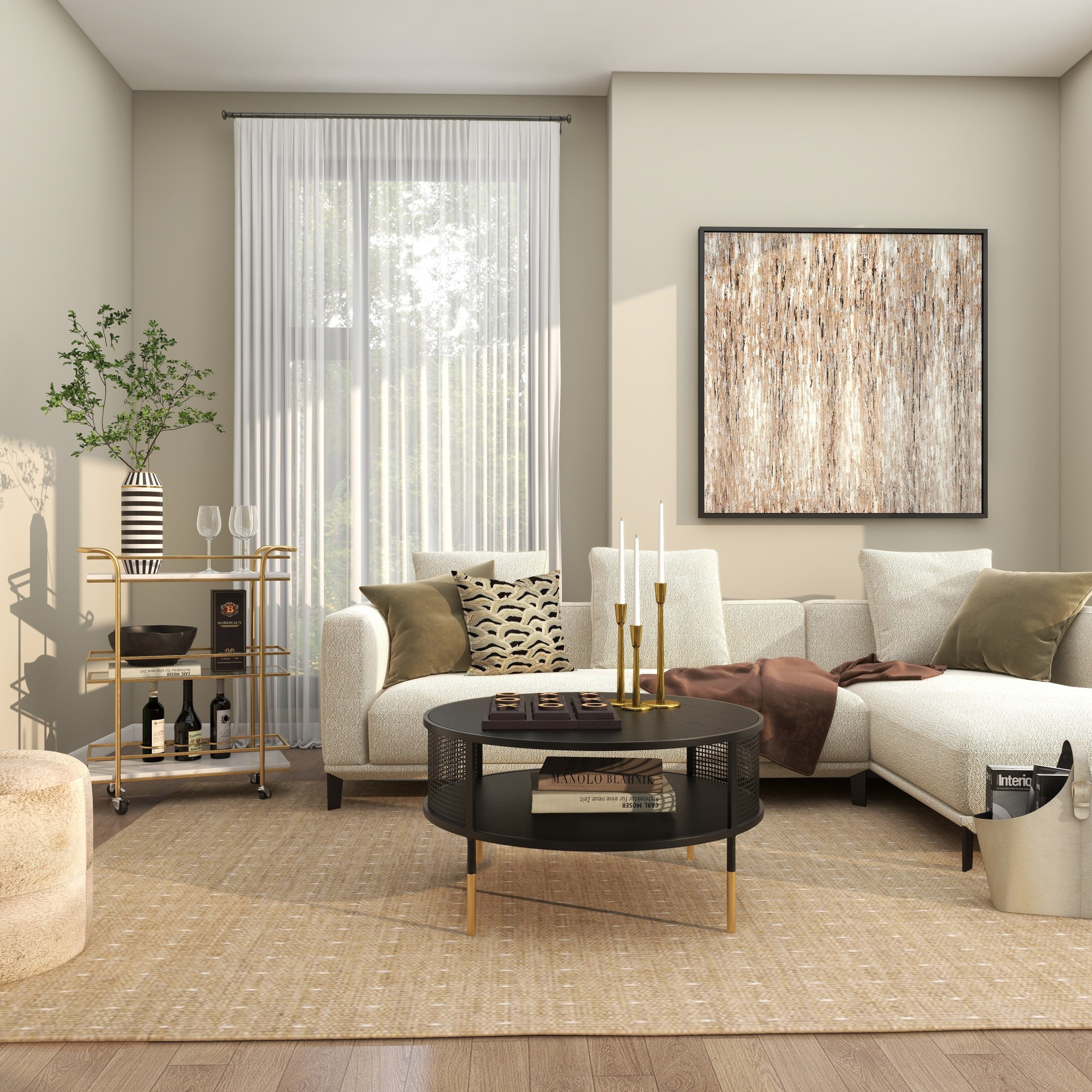 DecMode 27" x 33" Gold Marble Rolling 2 Shelf Bar Cart with Handles, 1-Piece - Image 6