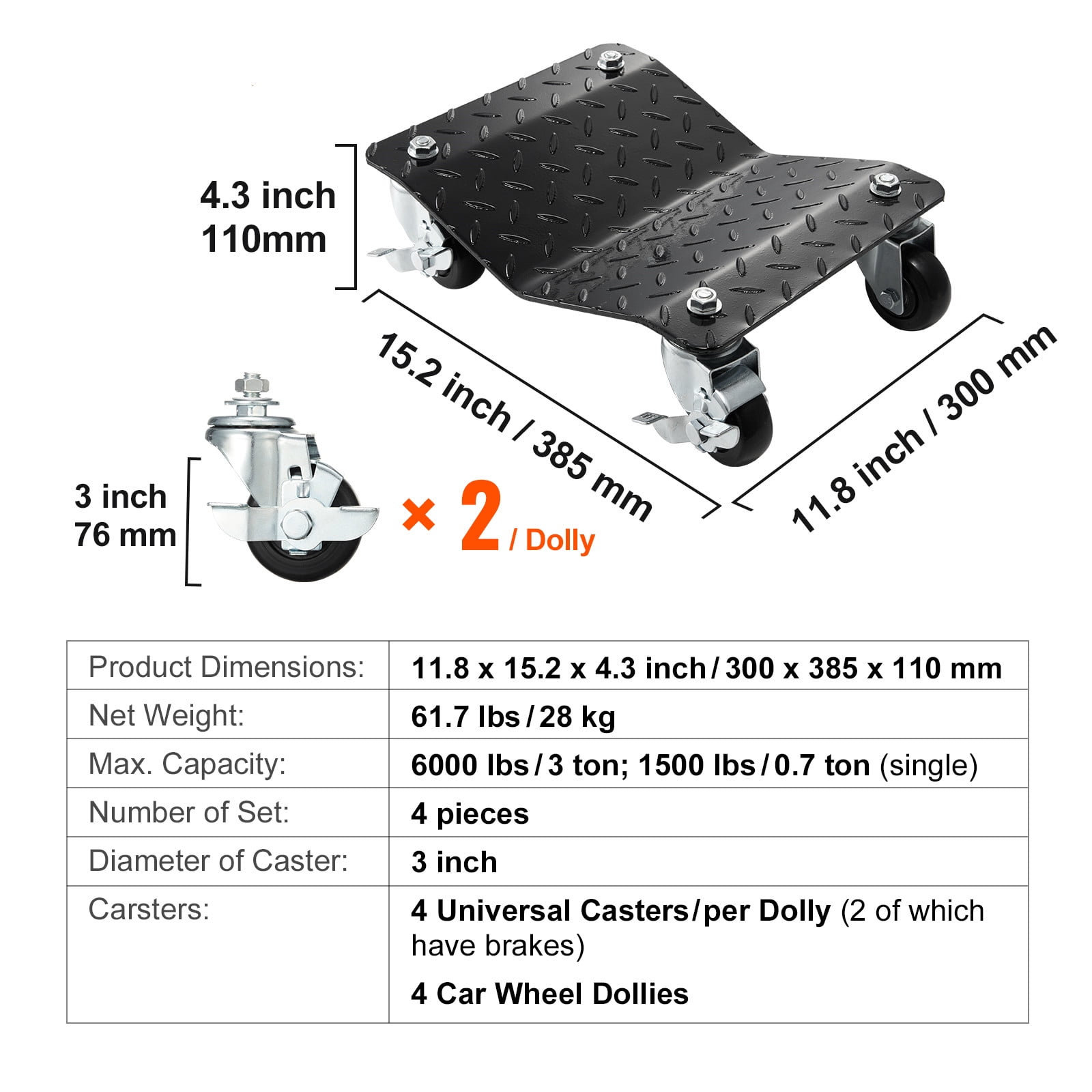 VEVOR Car Dolly Wheel 4 PCS 6000lb Steel Tire Dolly Heavy Duty Skate Auto Repair Dolly Each for 1500lb - Image 3