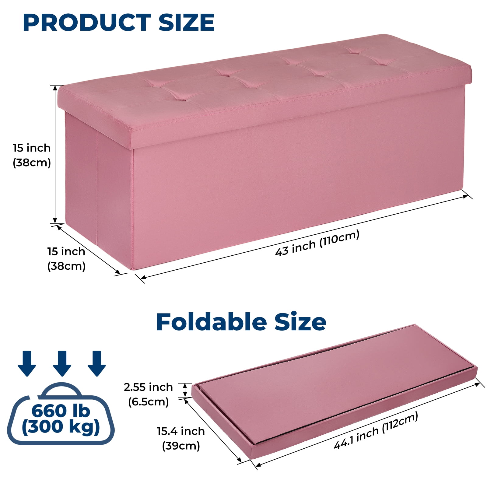 LUSIMO Ottoman with Storage 43" Velvet Storage Bench Folding End of Bed Bench Hold up to 660lb Footstool for Bedroom Living Room, Pink - Image 4
