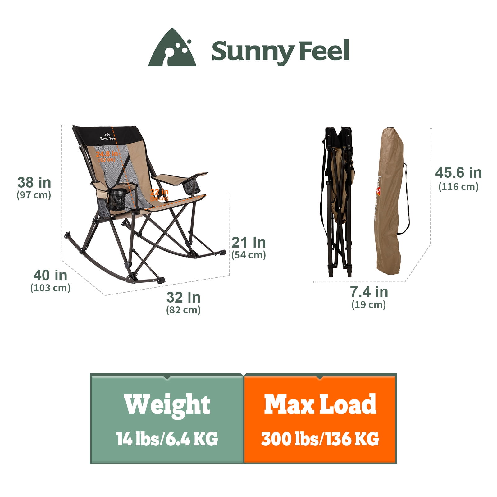SunnyFeel Camping Rocking Chair for Adults, Oversized Folding Rocker Lawn Chair with Mesh Back (Khaki) - Image 7