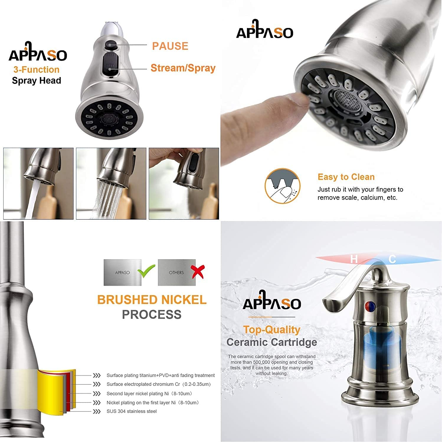 APPASO 3 Hole Kitchen Faucet with Pull Down Sprayer Stainless Steel Brushed Nickel 218BN - Image 4