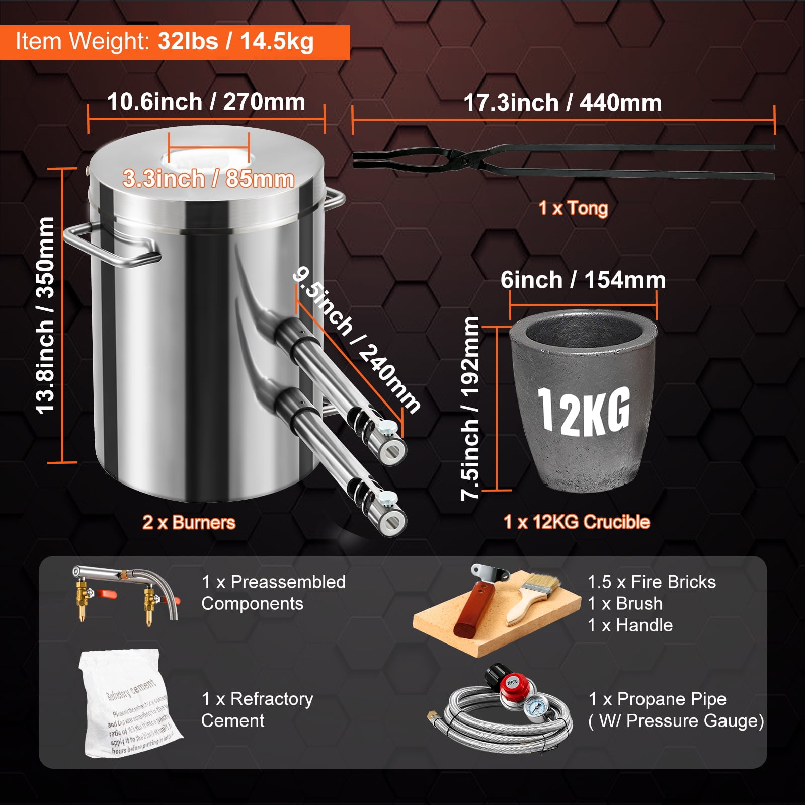 KFFKFF Propane Fueled Furnace Set, Home Foundry with 12KG Maximum Capacity, Stainless Steel Smelting Device, Blacksmith Forge Including Crucible and Tongs, Ideal for Metal Scrap Recycling and Casting - Image 9