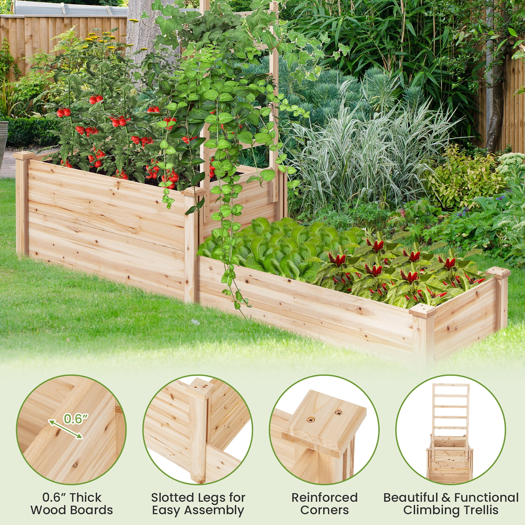 Gymax Raised Garden Bed w/ 2 Planter Boxes & Trellis Outdoor Wooden Planter Box Kit for Sapling - Image 5