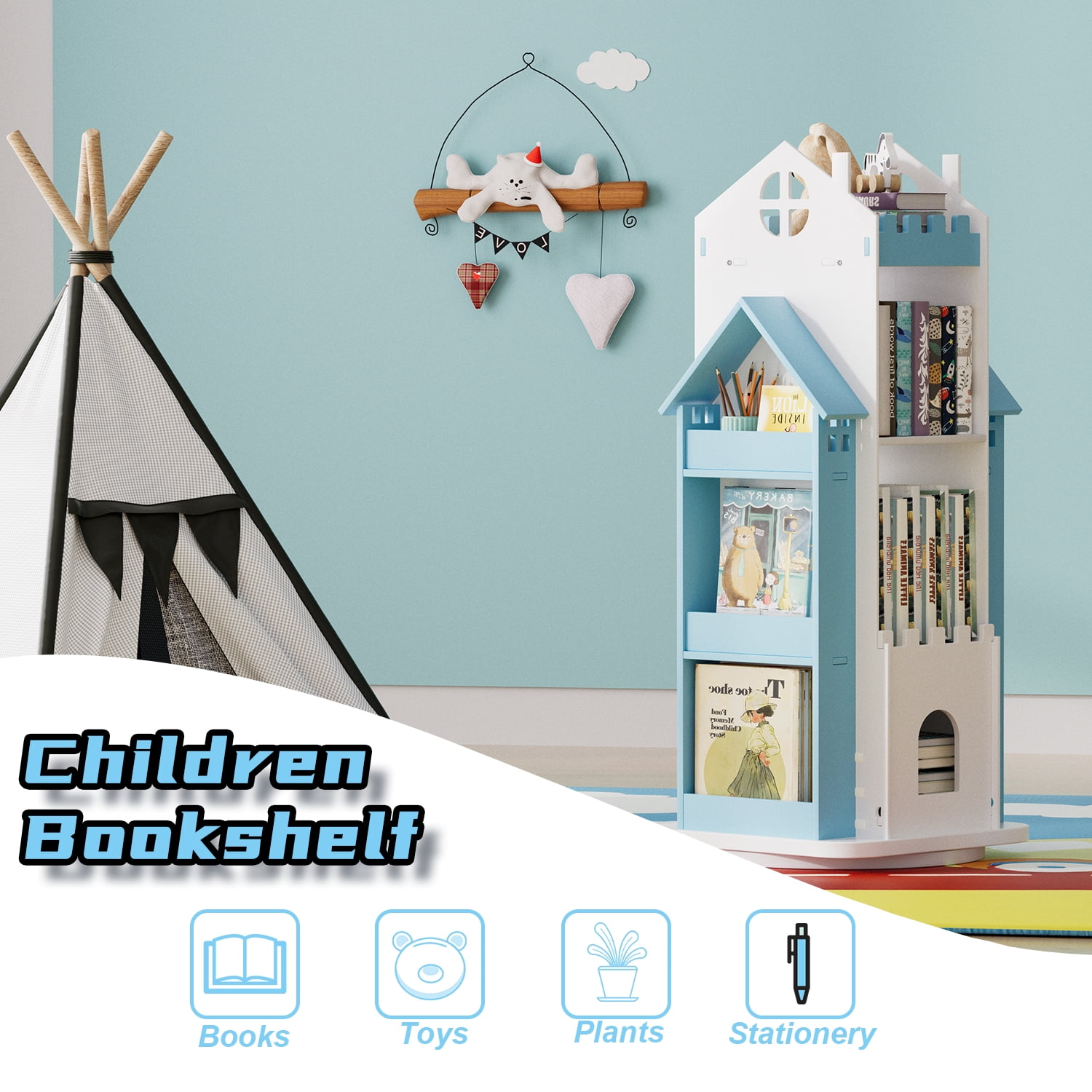 ymokee 3 Tier Rotating Bookshelf, 360° Display Rotating Bookcase, Corner Storage Rack Standing Revolving Bookcase, Swivel Bookshelf Display Rack in Bedroom Office Livingroom, Blue - Image 6