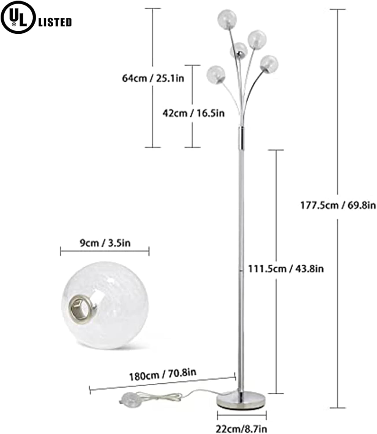 DingLiLighting 5 Lights Modern Globe Floor Lamps for Living Room, Farmhouse Tall Pole Tree Lighting for Bedroom, LED Corner Floor Lamp, Mid Century, G9 Bulb - Image 3