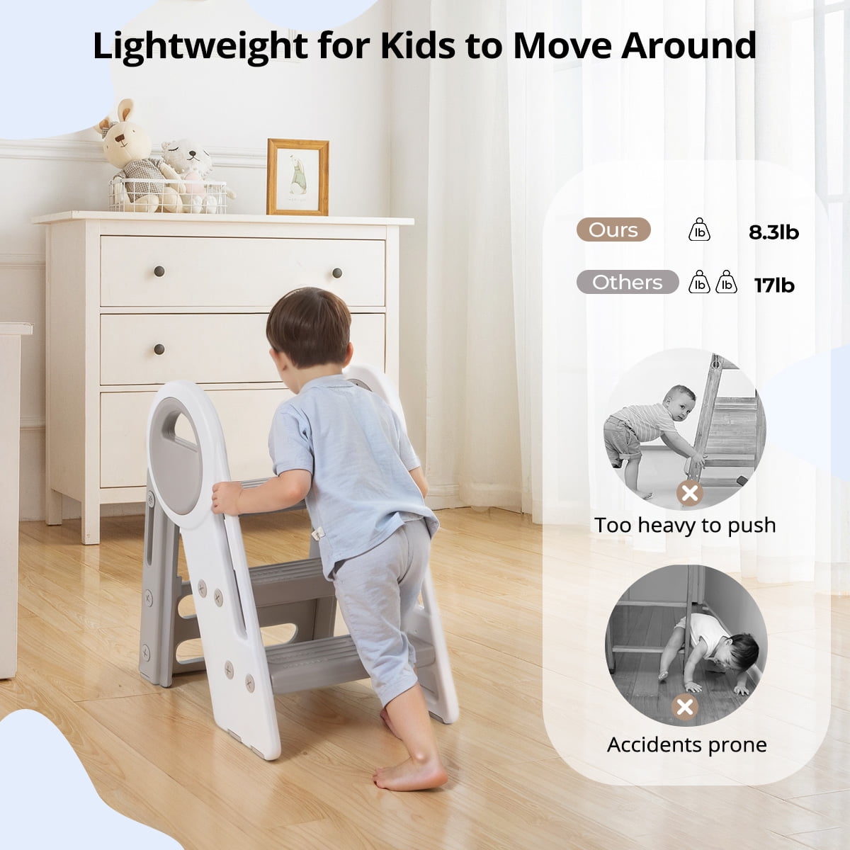 Toddler Step Stool,CAVEEN Foldable Stool for Kids ,Step Helper Adjustable 3 to 2 Stool for Kitchen,Gray - Image 2