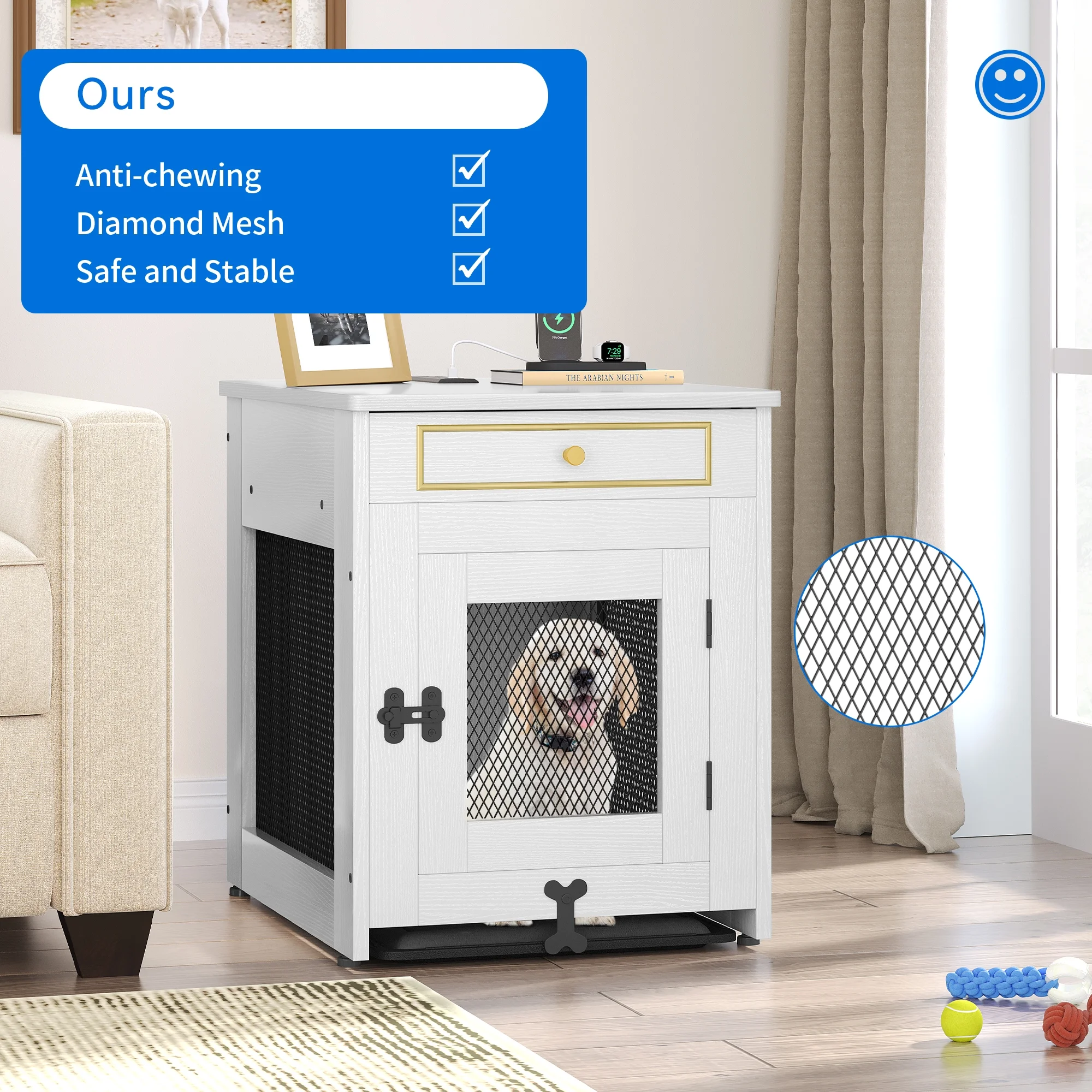 Dextrus Wooden Dog Kennel End Table with Dual USB Charger, Dog Crate Furniture, Drawer for Small Dogs Under 25 lbs Indoor Use, White - Image 2