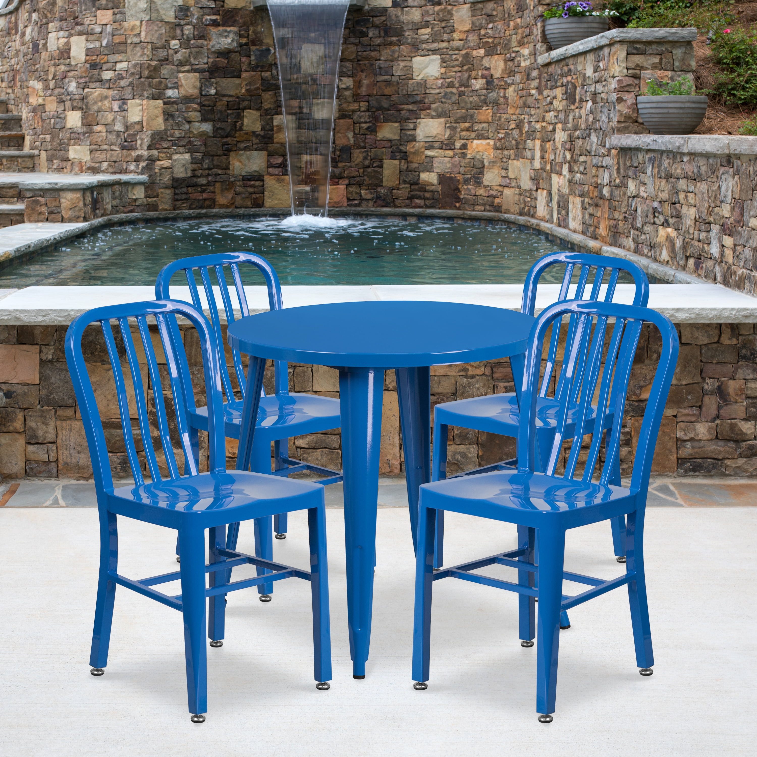 Flash Furniture Chad Commercial Grade 30" Round Blue Metal Indoor-Outdoor Table Set with 4 Vertical Slat Back Chairs - Image 2