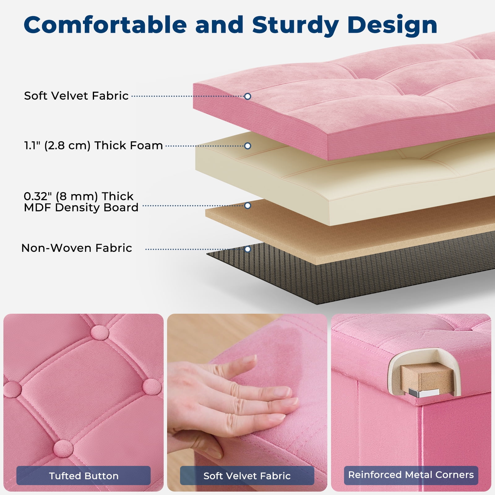 LUSIMO Ottoman with Storage 43" Velvet Storage Bench Folding End of Bed Bench Hold up to 660lb Footstool for Bedroom Living Room, Pink - Image 3