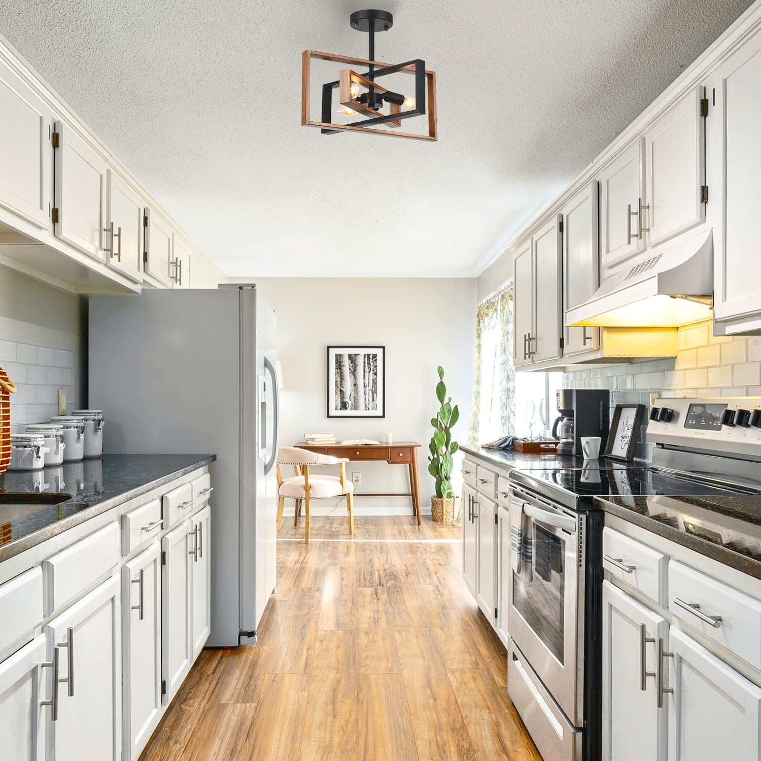 Capslpad Rustic Retro Rectangle Semi Flush Ceiling Light Industrial Farmhouse Rotatable Flush Mount Ceiling Light Fixture for Kitchen Hallway Dining Room Living Room Entryway (Faux-Wood) - Image 2