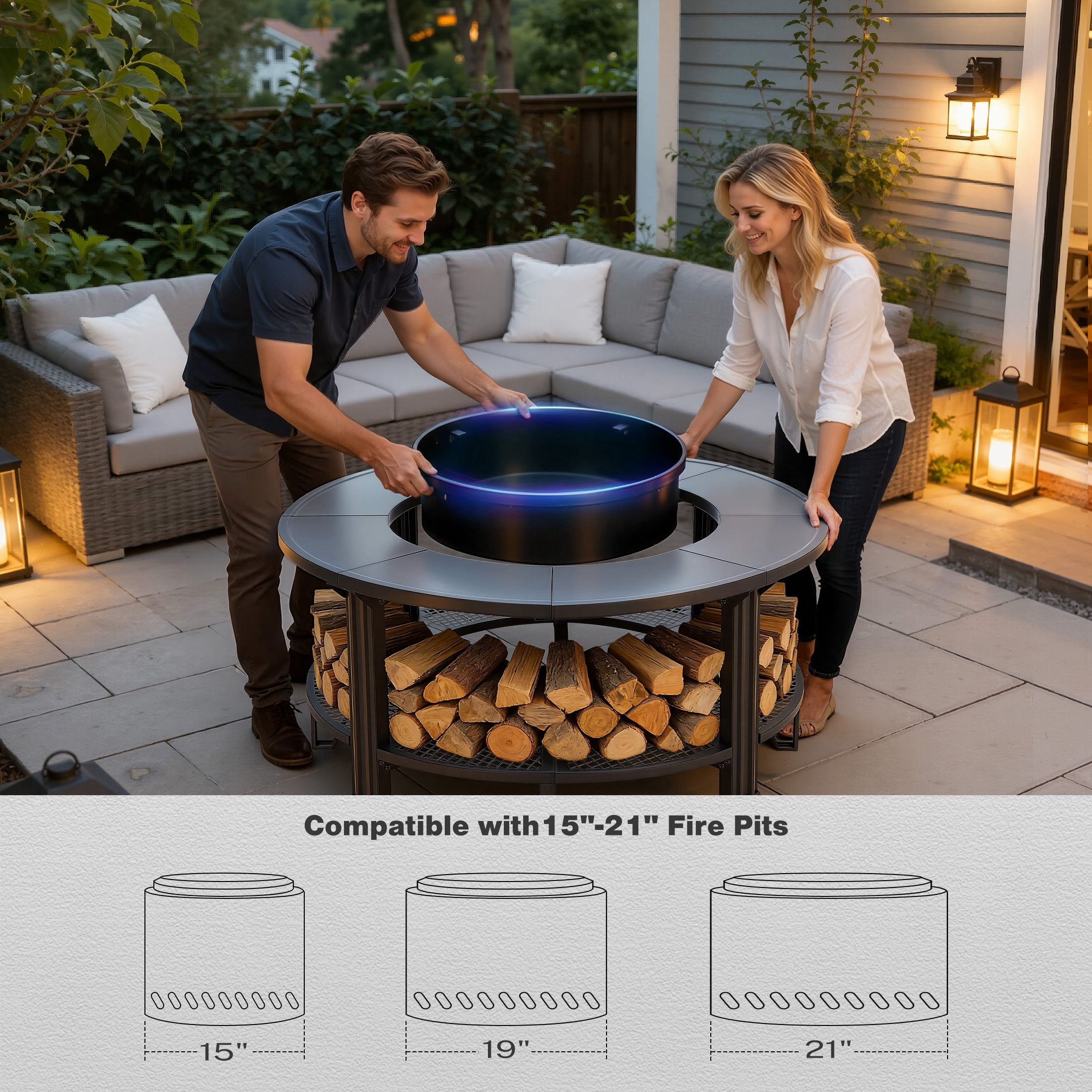 Fire Pits for Outside, 38" Wood Burning Fire Pit Table with Poker, BBQ Net Grill, Cover & Firewood Rack, Round Outdoor Fire Pit for Patio, Backyard & Garden, Round Fire Pit/BBQ Fire Pit, Black - Image 4