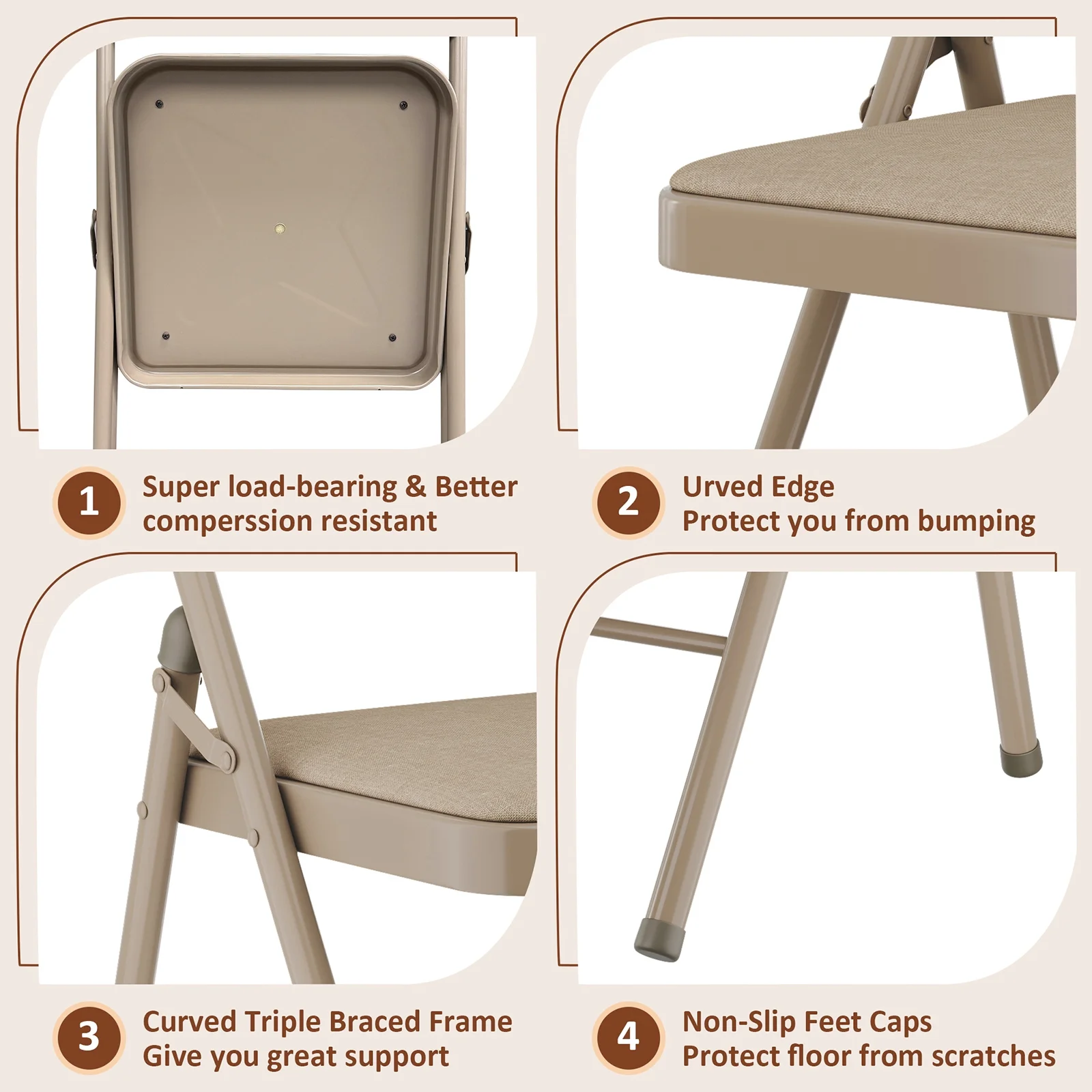 HONGGE Metal Padded Folding Chair, khaki (Set of 6) - Image 4
