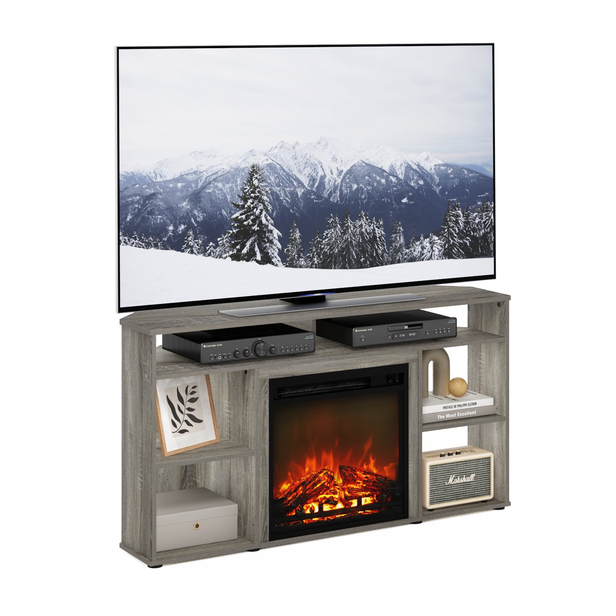Furinno Jensen Corner TV Stand with Fireplace for TV up to 55 Inches, French Oak Grey - Image 3