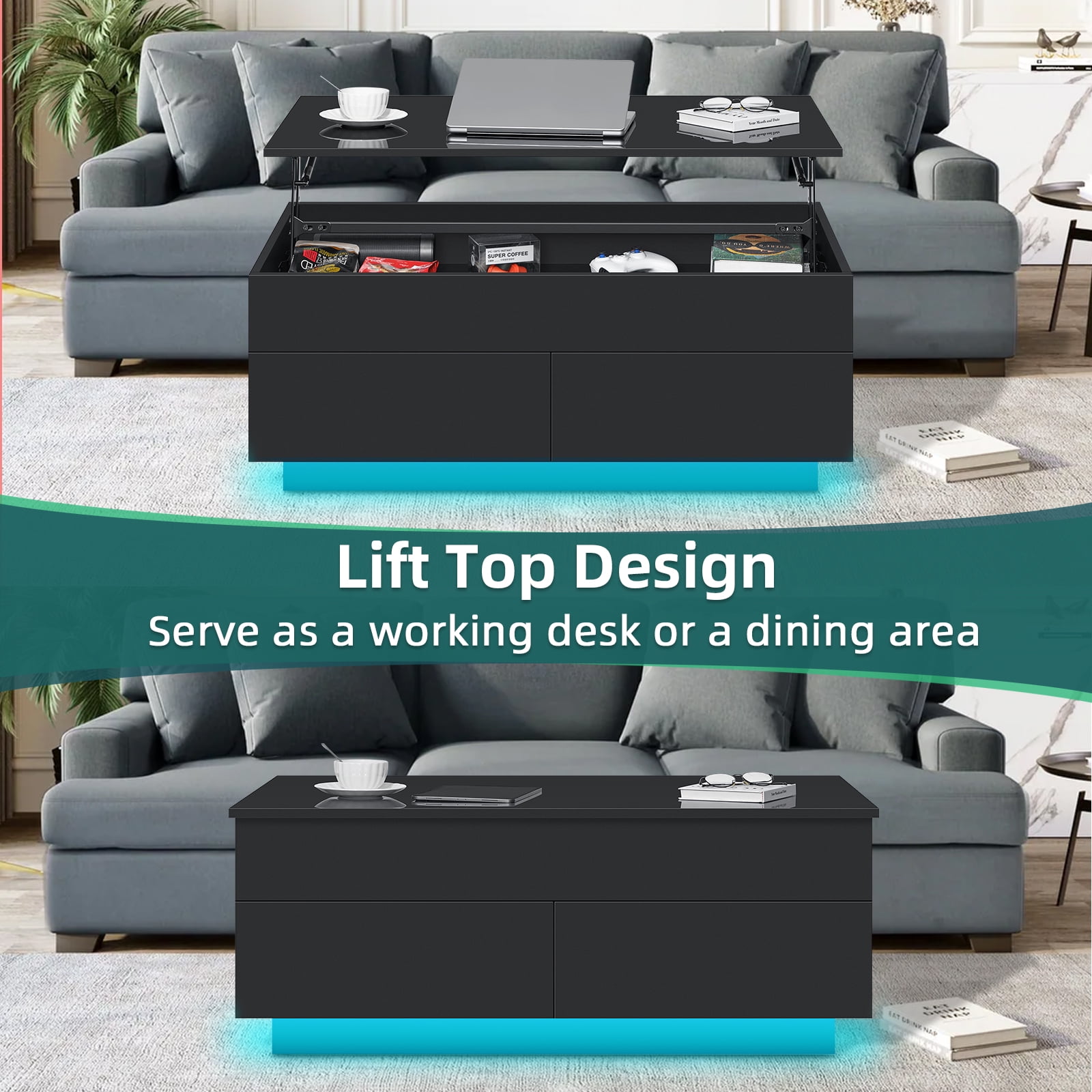 Hommpa LED Lift Top Coffee Table with Storage Modern Coffee Tables for Living Room Rectangle High Gloss Center Table with 2 Drawers - Image 2