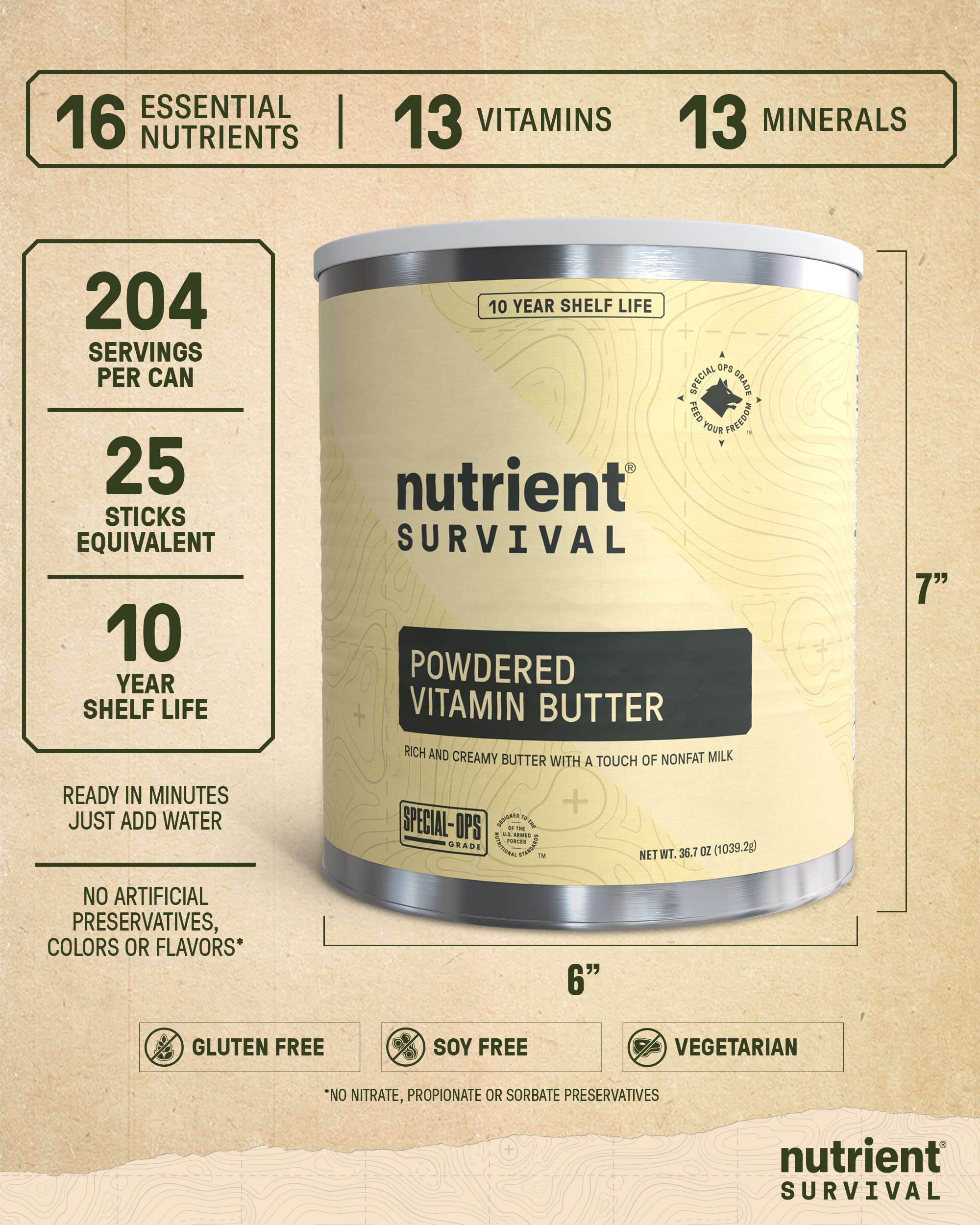 Nutrient Survival Vitamin Butter Powder, Freeze Dried Prepper Supplies & Emergency Food Supply, 16 Essential Nutrients, Soy & Gluten Free, Shelf Stable Up to 10 Years, One Can, 204 Servings - Image 5