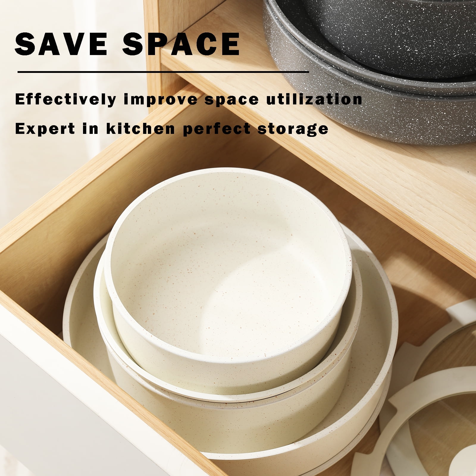 Vkoocy 9 Piece Nonstick Ceramic Pot and Pan Set Cookware Set with Removable Handle Detachable Handle Cream - Image 4