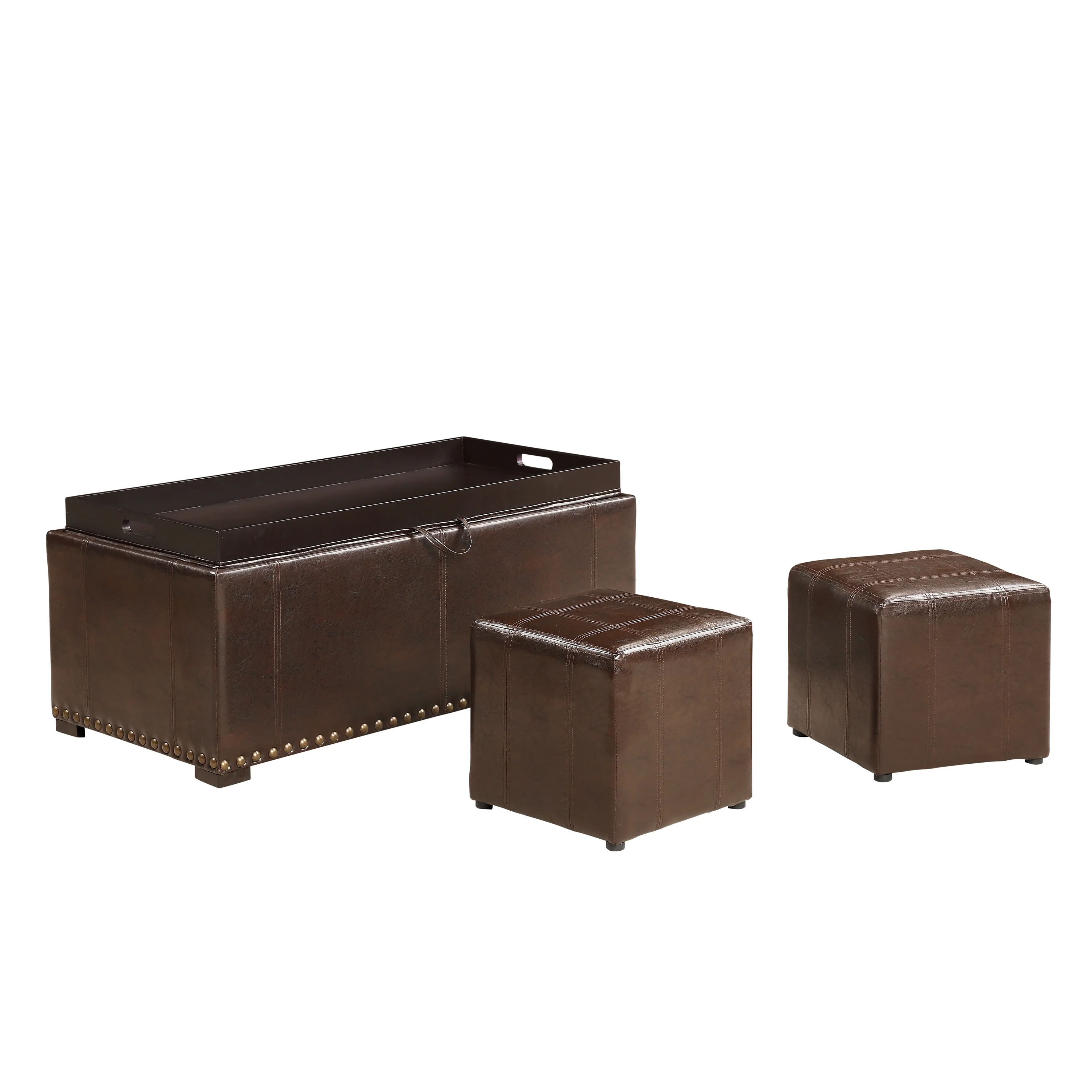 Leather Storage Bench with 2 Side Ottomans, Brown - Image 4