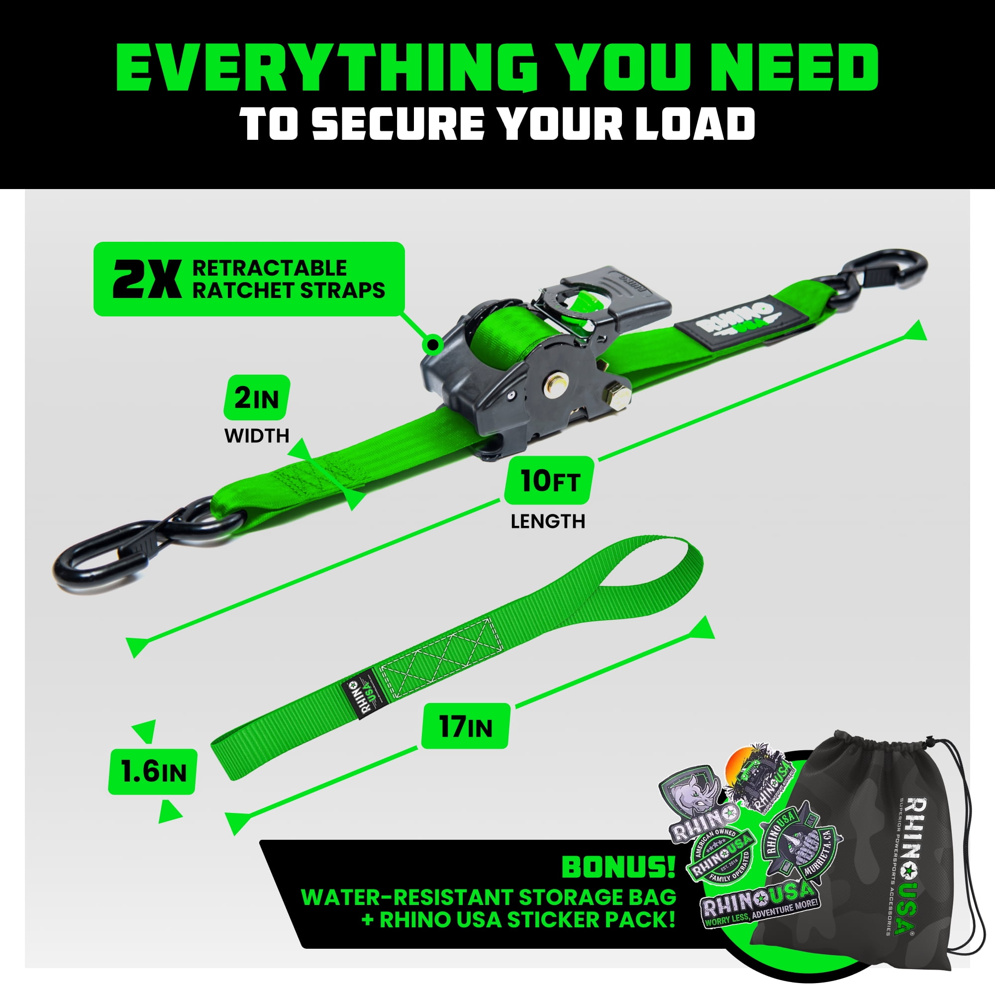 Rhino USA Heavy Duty 2" x 10' Retractable Ratchet Straps 3,033lb Break Strength (Green 2-Pack) - Image 3