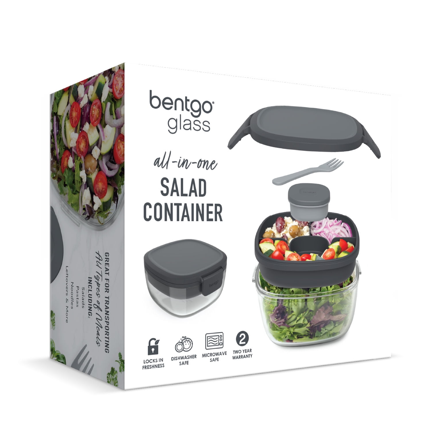 (4 pack) Bentgo Glass All-in-One Salad Container - Large 61-oz Salad Bowl, 4-Compartment Bento-Style Tray for Toppings, 3-oz Sauce Container for Dressings, and Built-In Reusable Fork (Dark Gray) - Image 8