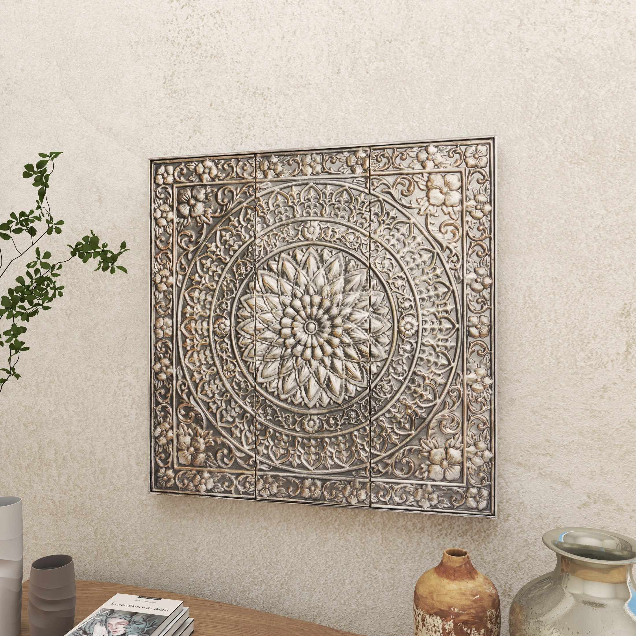 DecMode Silver Metal Embossed Scroll Floral Wall Decor with Gray Backing - Image 11