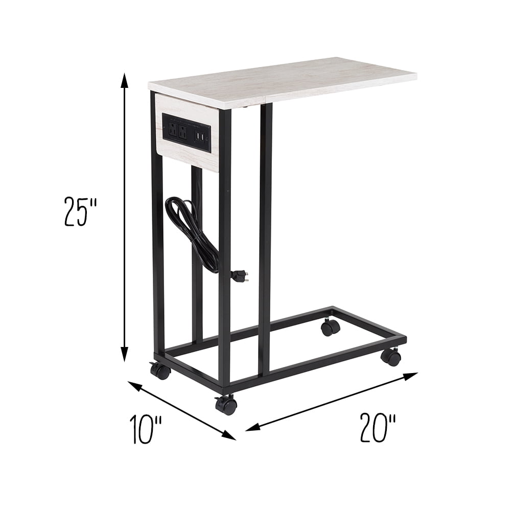Honey-Can-Do C-Shaped Side Table with Outlets and Wheels, Natural/Black - Image 4