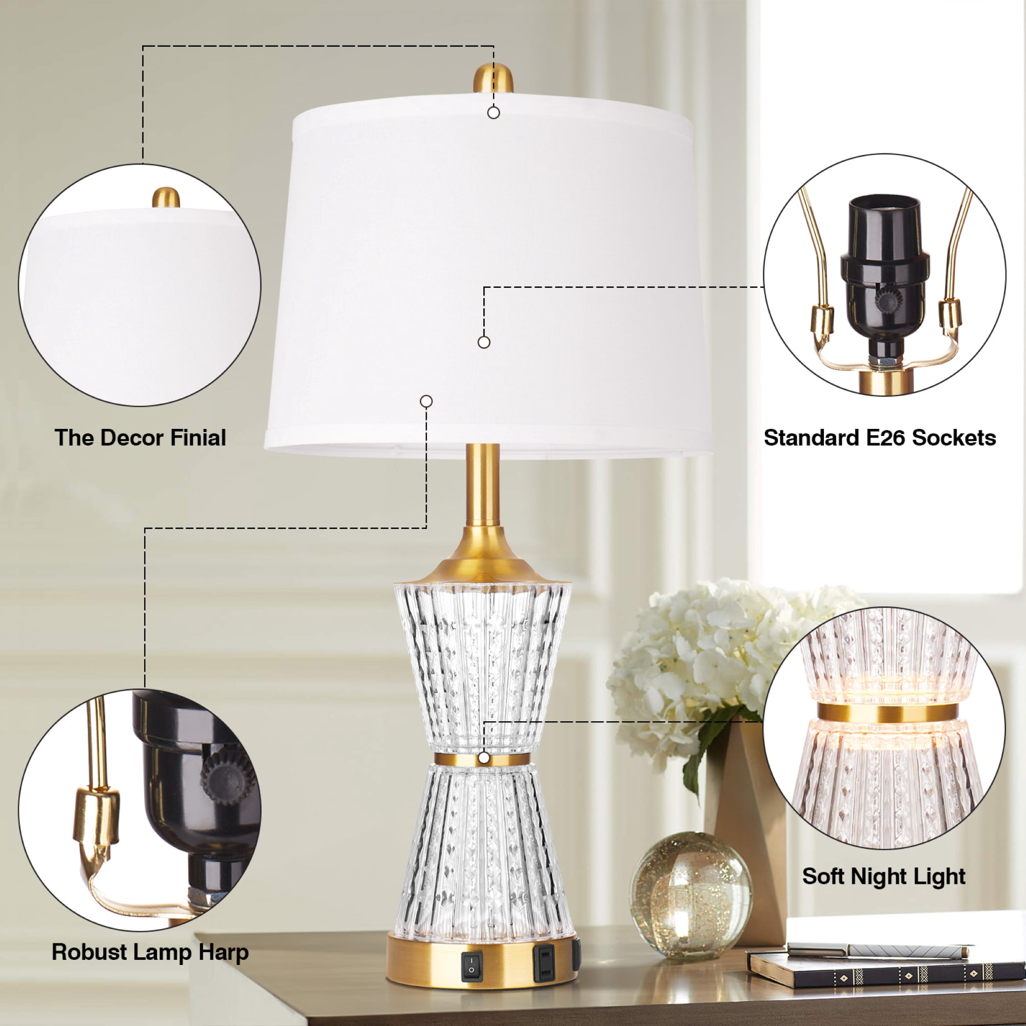Cinkeda Gold Acrylic Night-light Table Lamp 2in1 with 2 USB Charging Ports An AC Outlet Rotary Switch & Rocker Switch (Set of 2) - Image 4