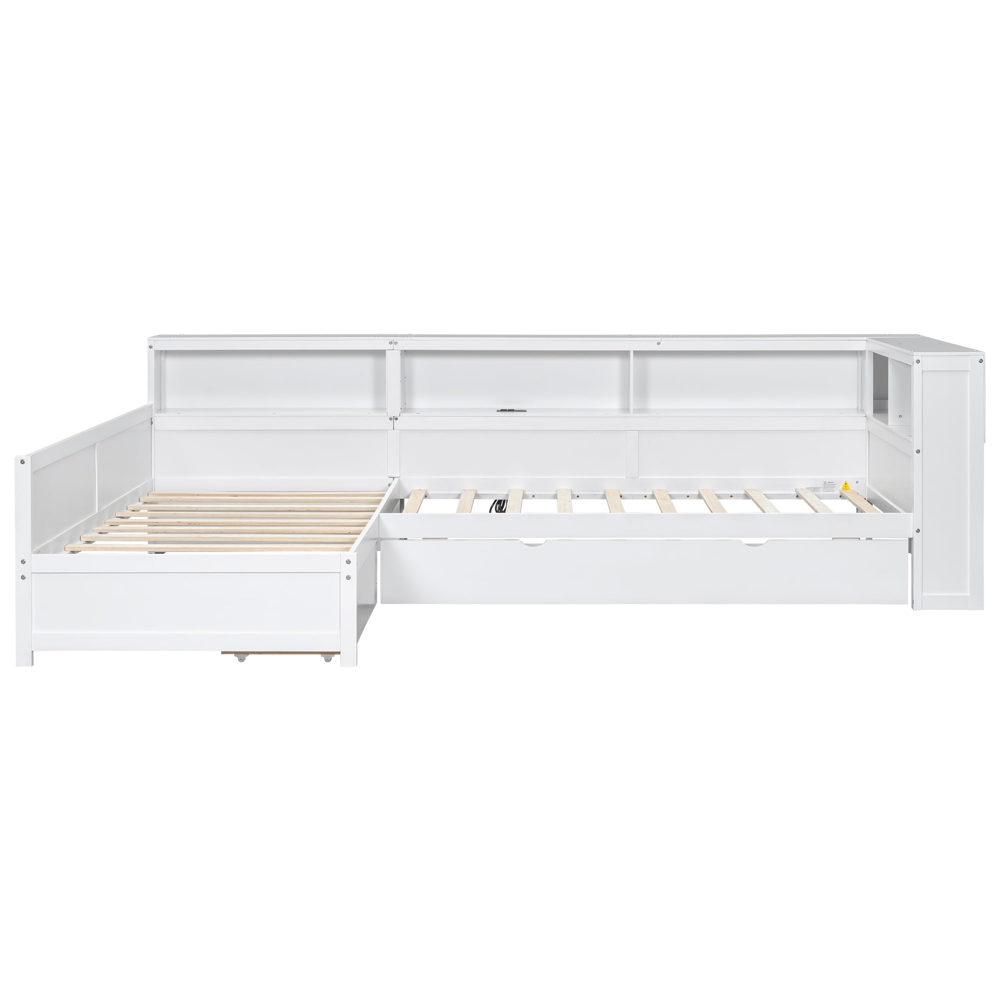 Euroco Wood Twin Size Platform Bed, L Shaped Daybeds with Storage Headboard and USB Charging, 3-in-1 Bed with Trundle and Drawer, White - Image 5