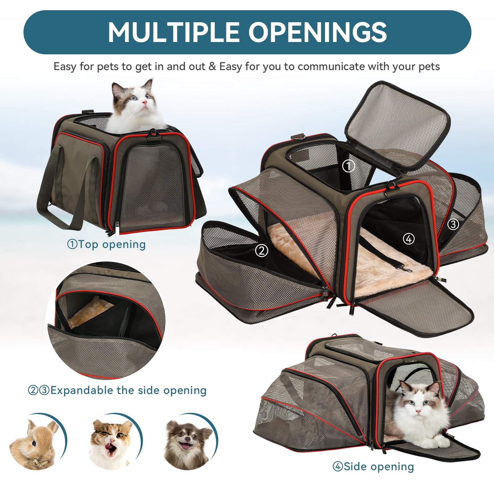 Petsfit 17" x 11" x 11" Expandable Cat Carrier, Collapsible Portable Soft-Sided Pet Carrier ,TSA Airline Approved,Brown - Image 4