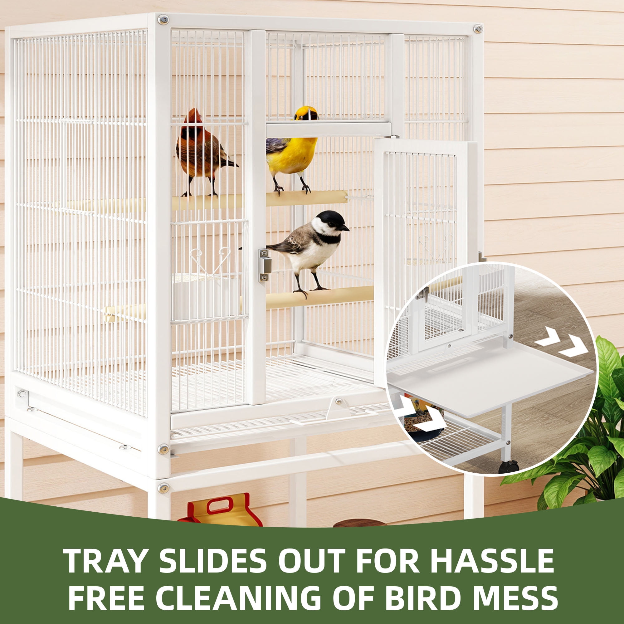Uforic 41" Metal Birdcage with Rolling Stand and Castor Wheels, Large Parrot Cage with 2 Perches and 2 Feeders, Spacious Storage Tray, White - Image 8