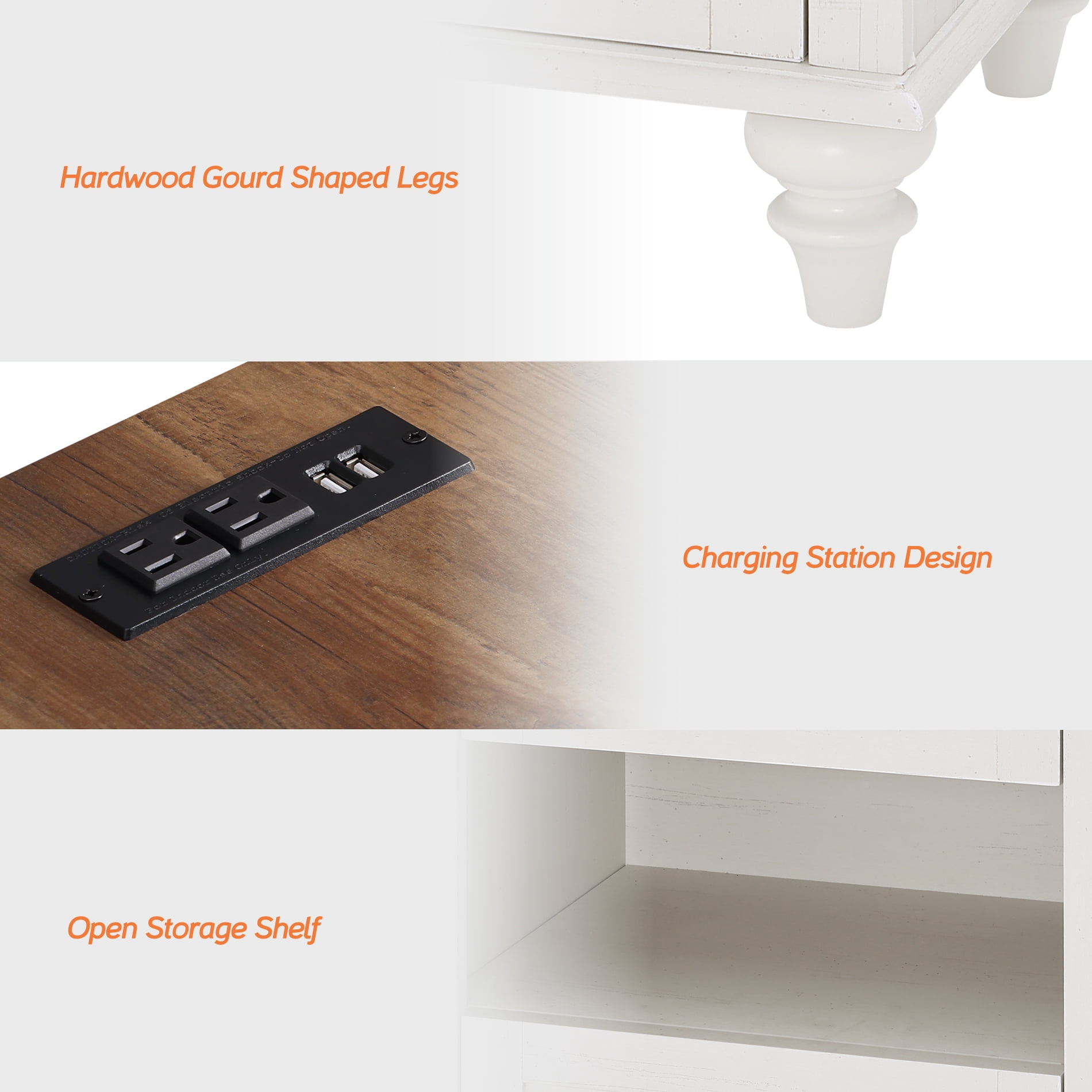 Nightstand, Bedside Table with Charging Station, End Table with 2 Drawer, Open Shelf, Modern Style for Bedroom, Living Room, White and Oak - Image 5