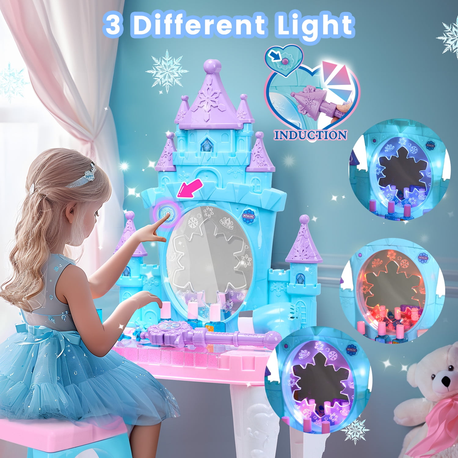 JoyStone Toddler Makeup Table with Mirror and Chair, Kids Makeup Vanity Set with Accessories and Lights and Music Sounds, Makeup Accessories & Blowdryer for Toddlers 2-5 Years Old - Image 6