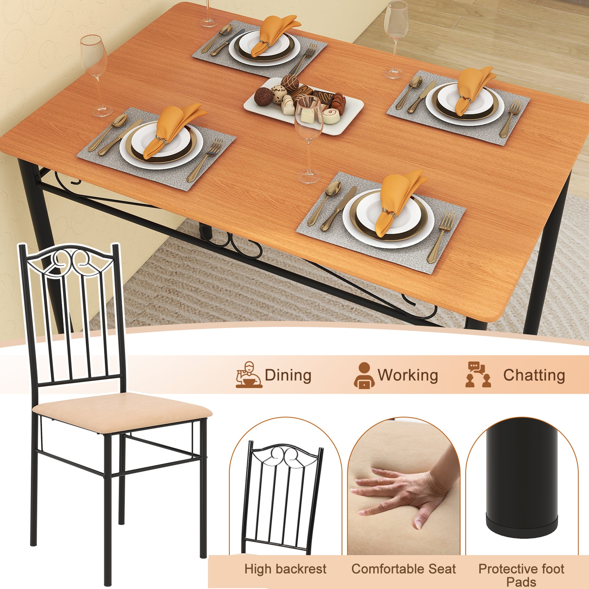 Costway 5 PCS Dining Set Wood Metal 30" Table & 4 Chairs Upholstered Kitchen Breakfast Furniture - Image 8