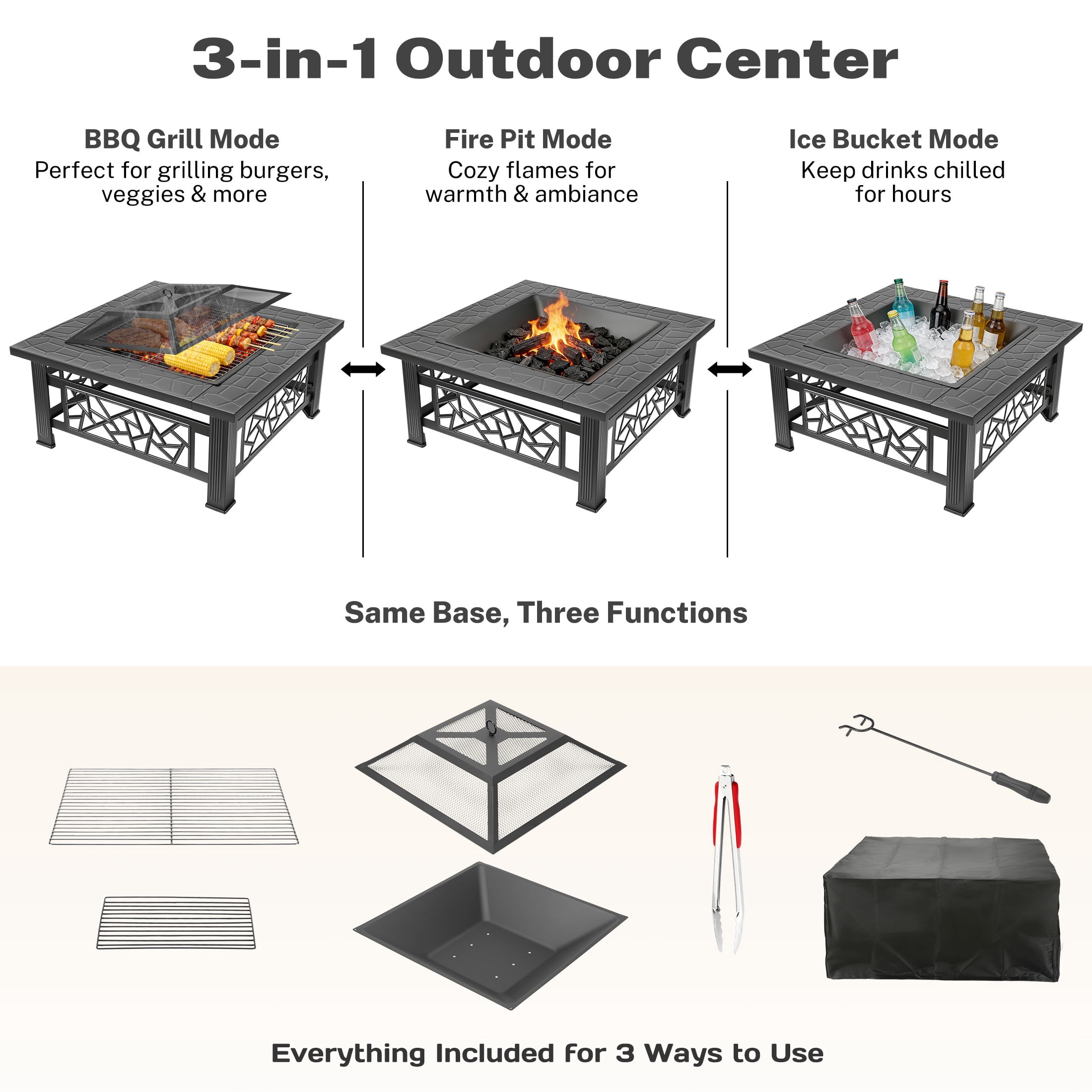 32" Fire Pit Table, UHOMEPRO 3-in-1 Outdoor Fire Pit with BBQ Grill, Mesh Lid & Cover, Modern Metal Square Wood Burning Fire Pit for Outside, Backyard, Patio & Camping - Image 10
