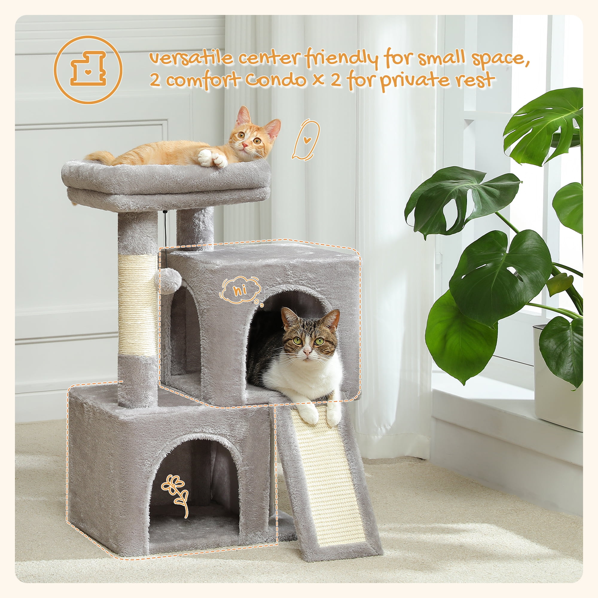 PAWZ Road 30" Cat Tree Condo with Sisal Scratcing Post Tower Ramp for Indoor Catss, Gray - Image 9