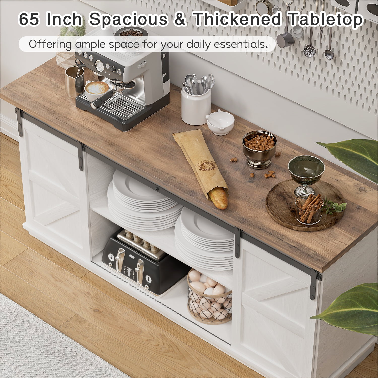 Vineego 58 Inch Farmhouse TV Stand and Entertainment Center for Televisions,with Sliding Barn Doors and Storage Cabinets,Milk White - Image 4