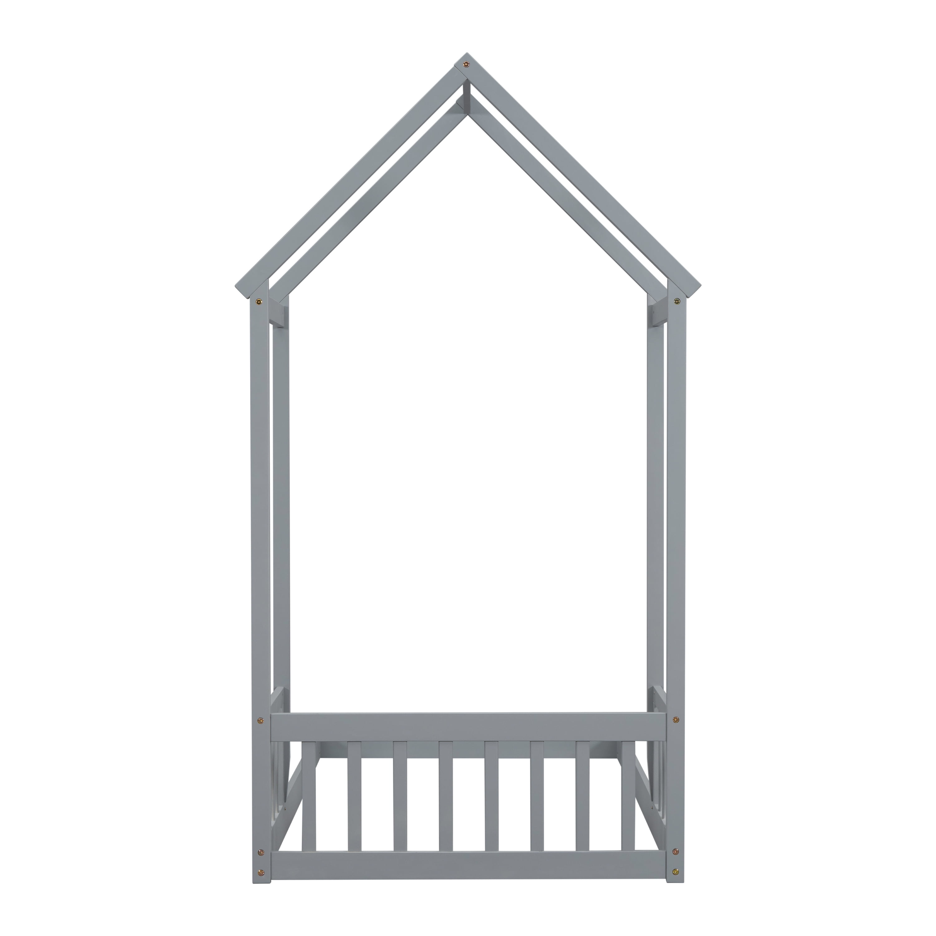 Euroco Twin Size Pine Wood Platform Bed, House Floor Bed for Kids, Gray - Image 3