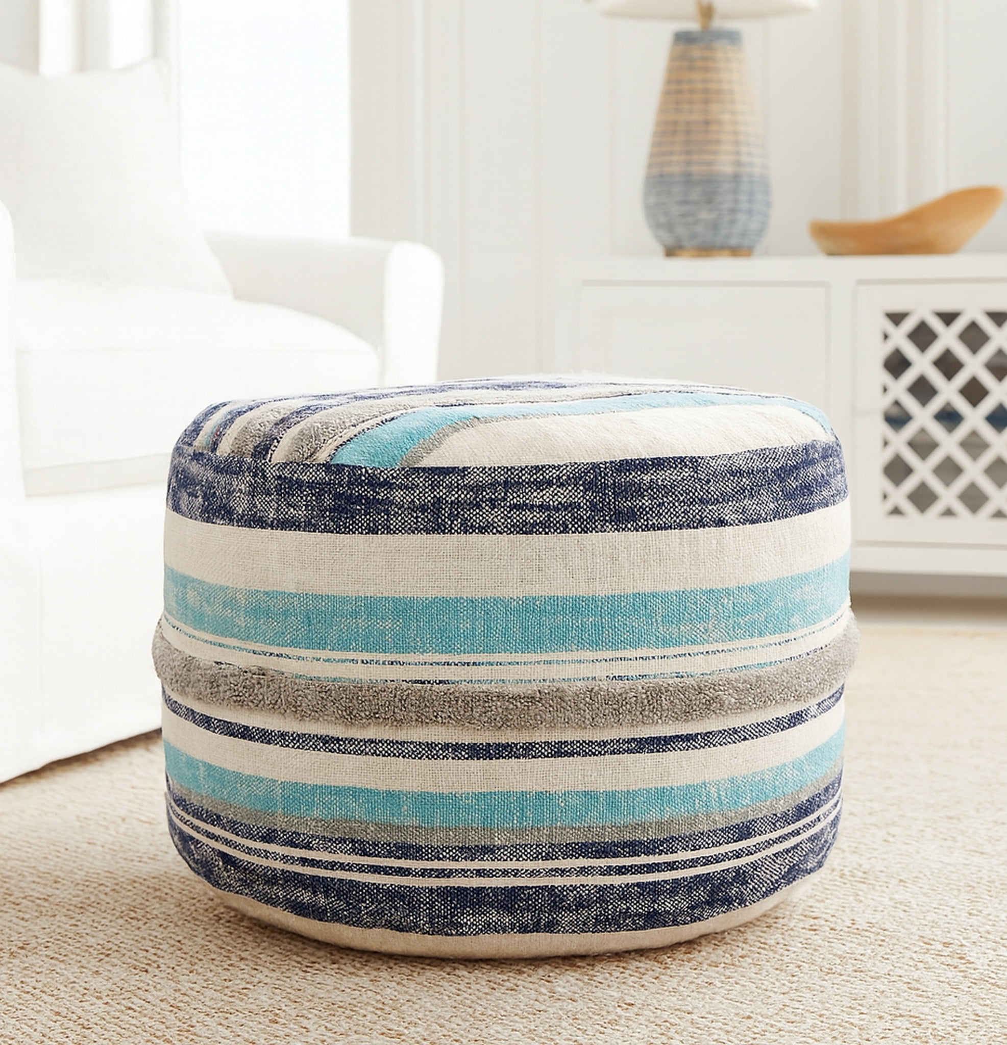 LR Home Fred Round Blue/Cream Striped Indoor Pouf Ottoman, 14"H x 18"W - Image 3