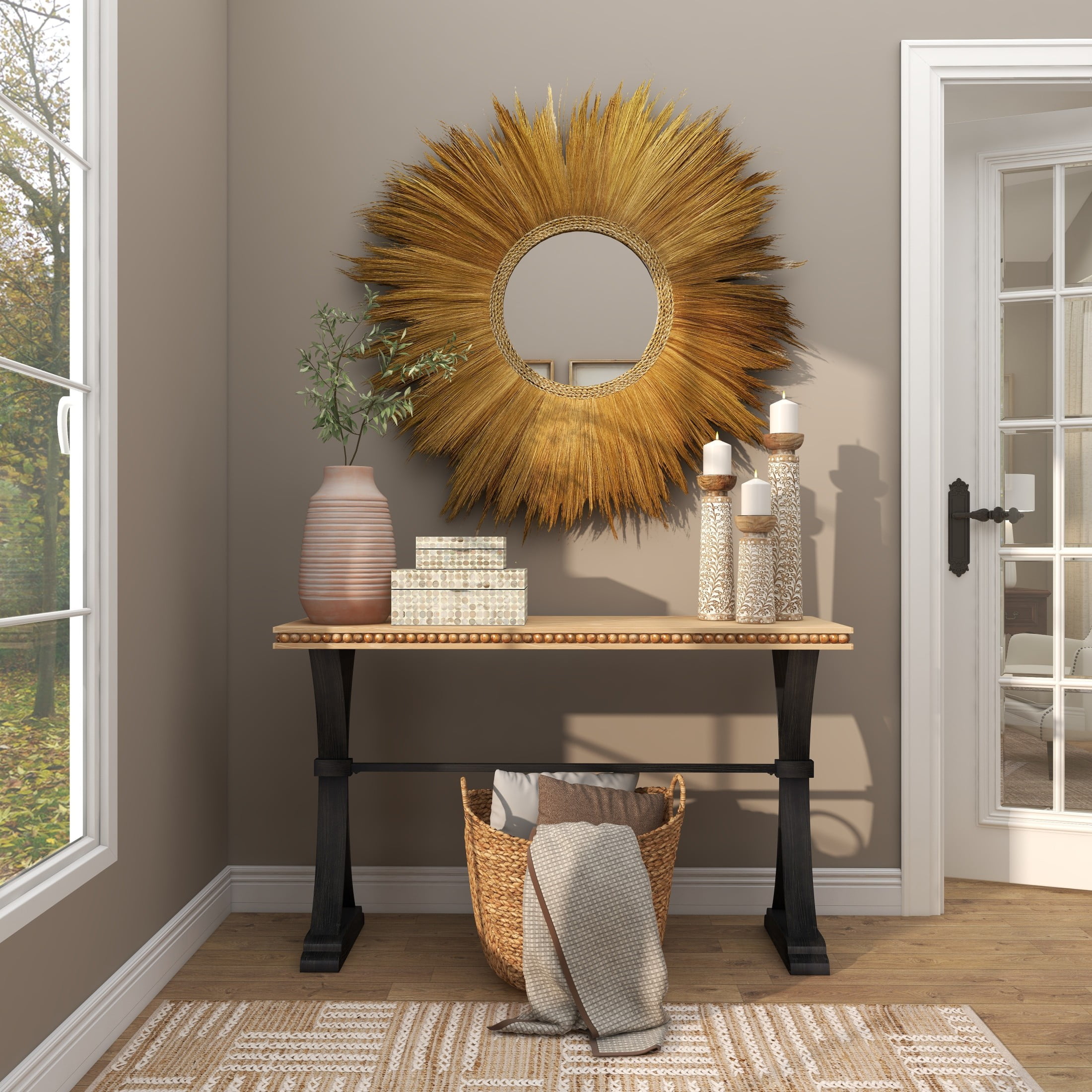 DecMode 45" x 45" Brown Tribal Inspired Sunburst Grass Wall Mirror with Coiled Rope Center - Image 7