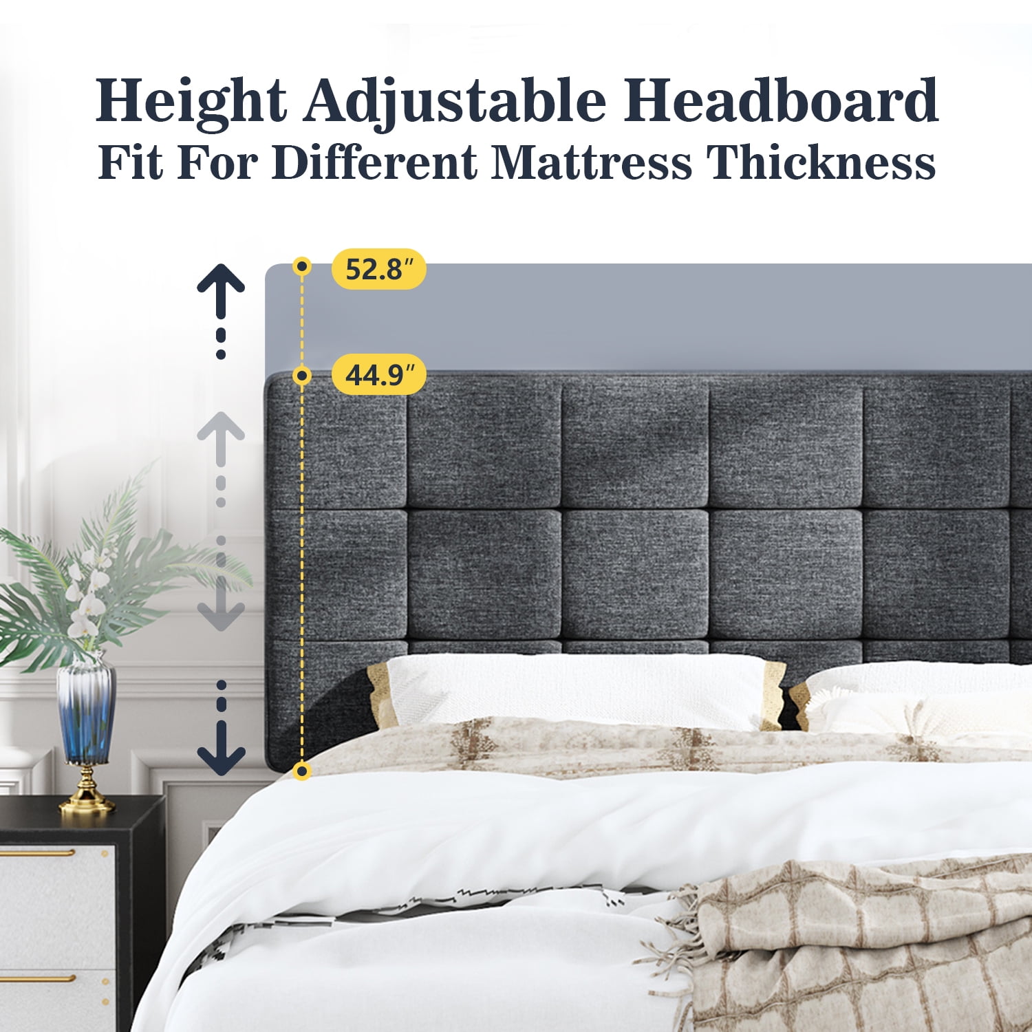 Allewie Queen Size Panel Platform Bed Frame with Adjustable High Upholstered Headboard, Grey - Image 3