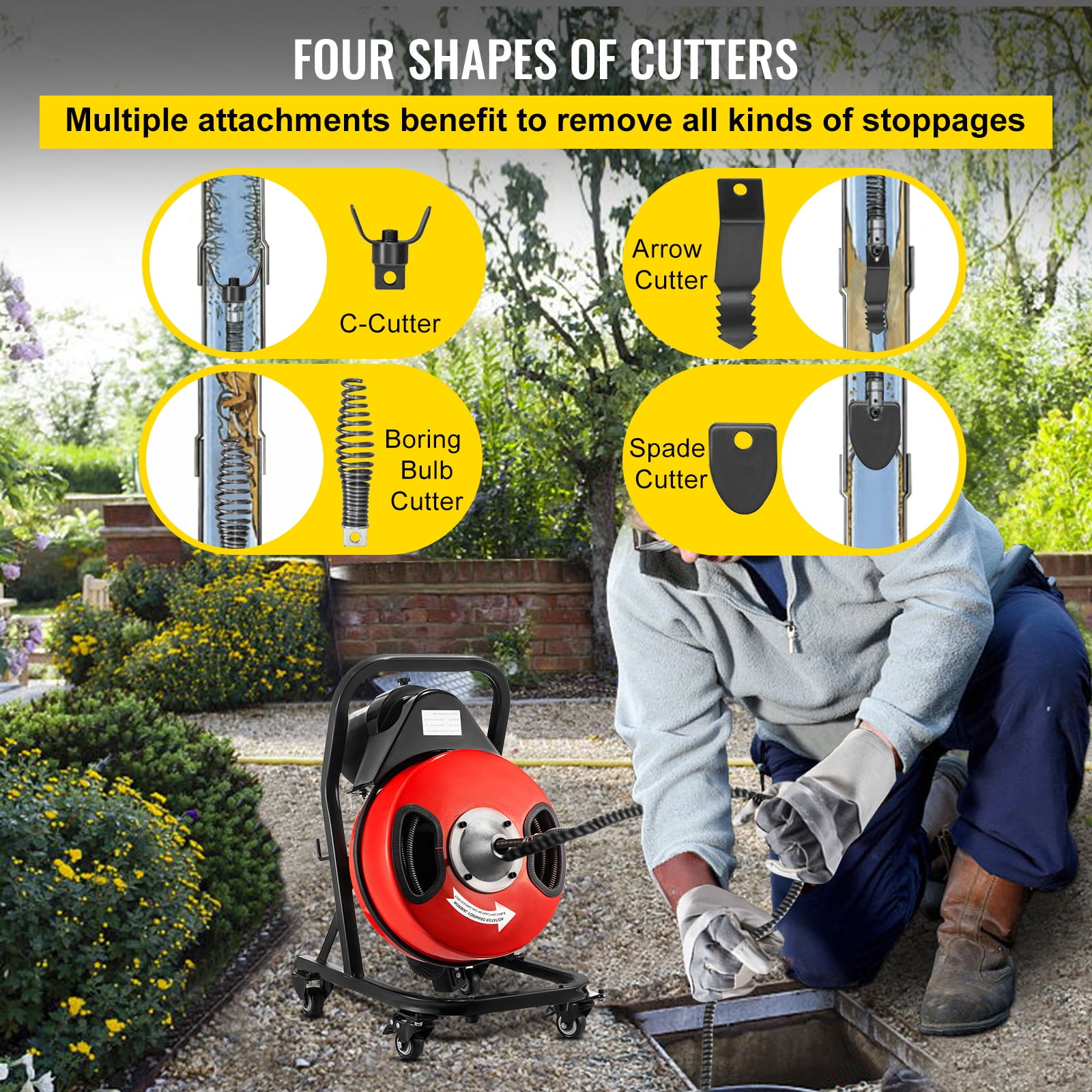 VEVOR Drain Cleaner Machine 50ft x1/2 in, 250W Electric Drain Cleaning Machine ,Drain Auger Cable w/Wheels - Image 3