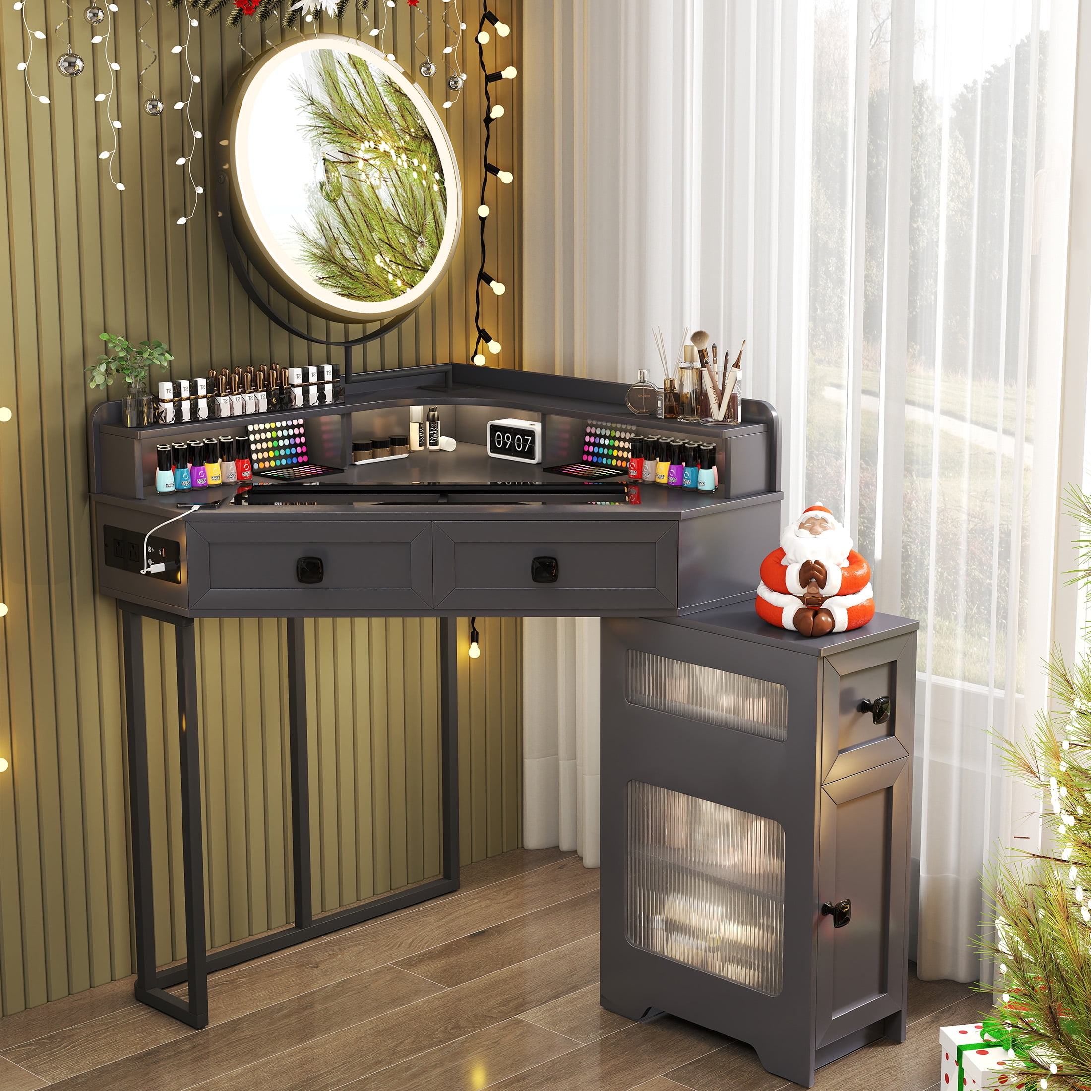 Aukfa Corner Vanity Desk with Mirror, LED Lights, Drawers & Outlet, Vanity Table for Girls, Gray - Image 5