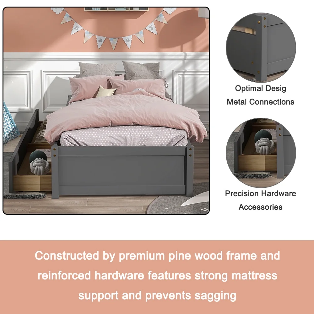 PORKISS Twin Platform Bed Frame with Storage Drawers, Solid Wood Twin Size Bed Frame, Modern Bedroom Furniture Single Bed for Kids Teens Adults, No Box Spring Needed, Gray - Image 3