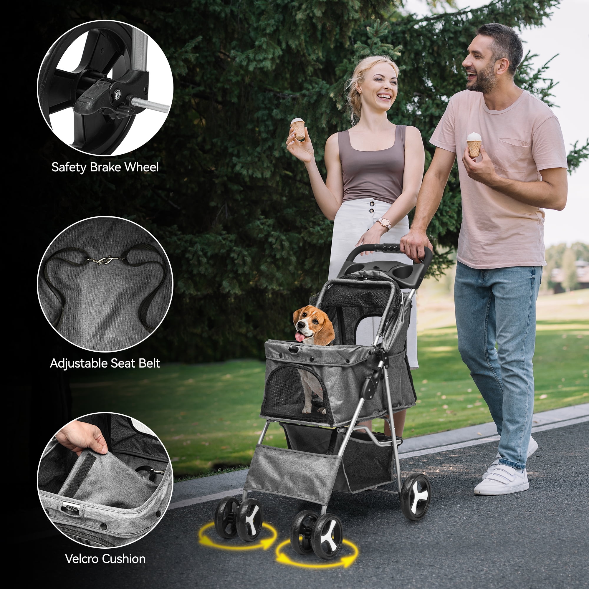 Dextrus 4-Wheel Foldable Dog Stroller with Storage Basket & 360° Rotating Wheels – Lightweight Pet Stroller for Small to Medium Dogs and Cats, Gray - Image 6
