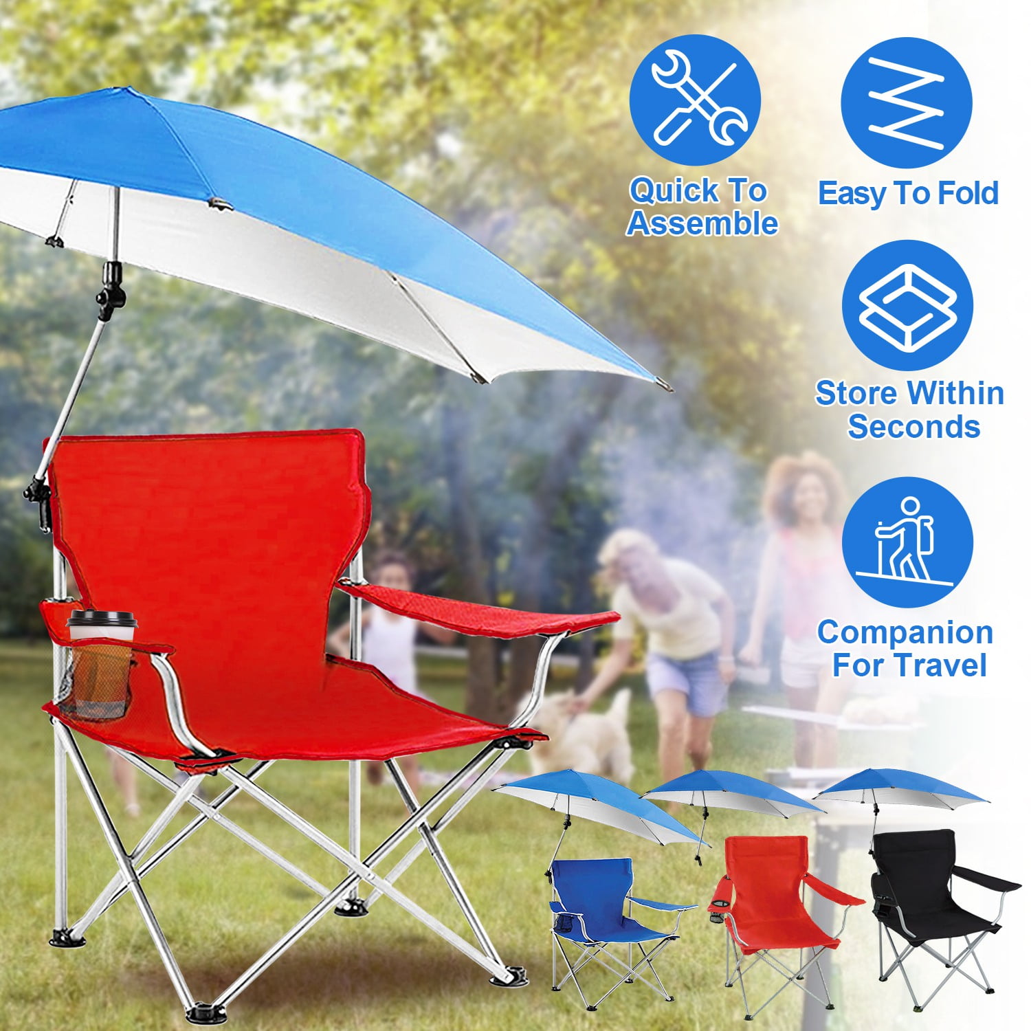 TeqHome Camping Chair with Canopy Shade Folding Beach Chair Support 220lbs with Adjustable Arm Cup Holder Detachable Umbrella Red - Image 5