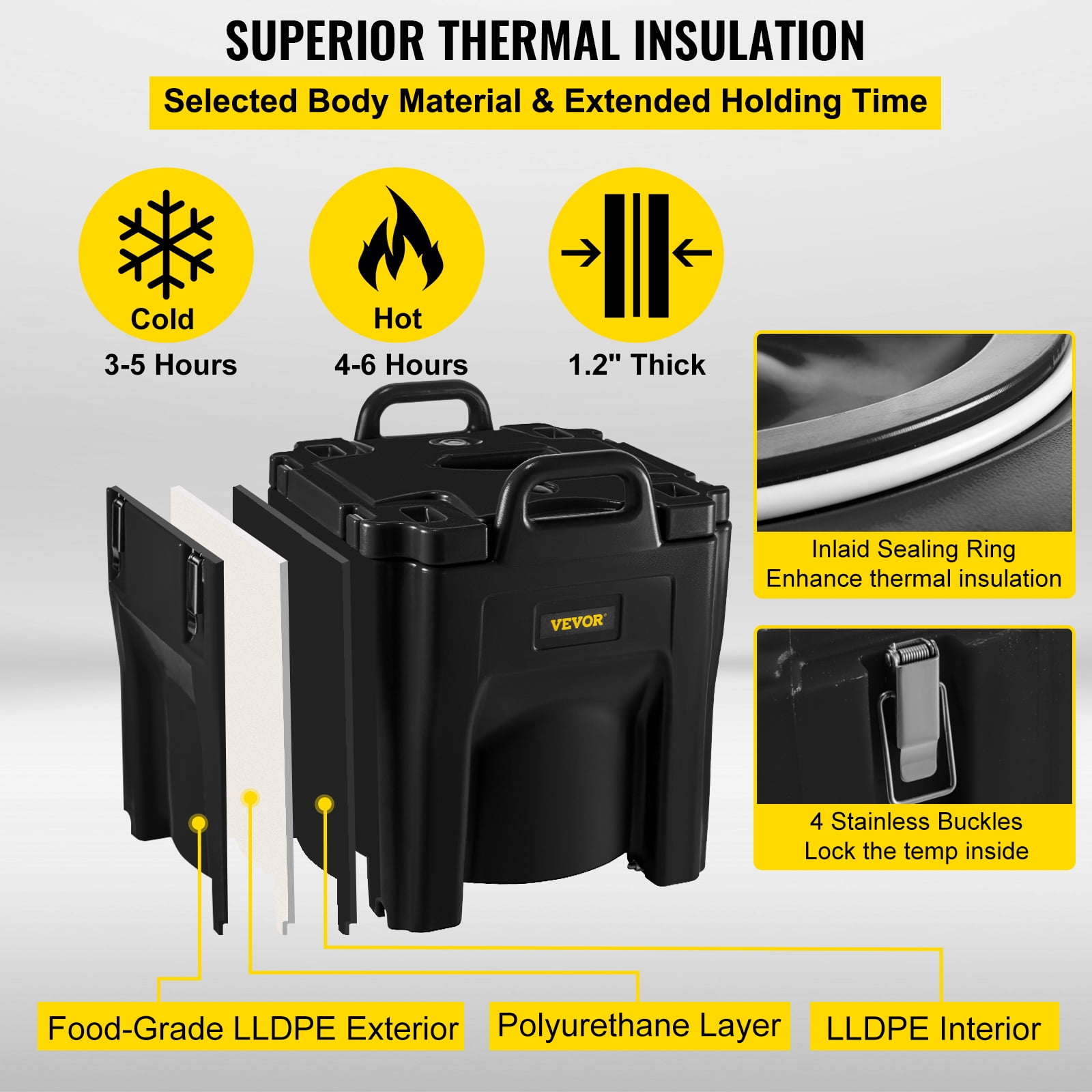 VEVOR Insulated Food Carrier,32Qt Capacity,Stackable Catering Hot Box with Stainless Steel Barrel,Top Load LLDPE Food Warmer with Integral Handles Buckles Stationary Base,for Restaurant Canteen, Black - Image 4