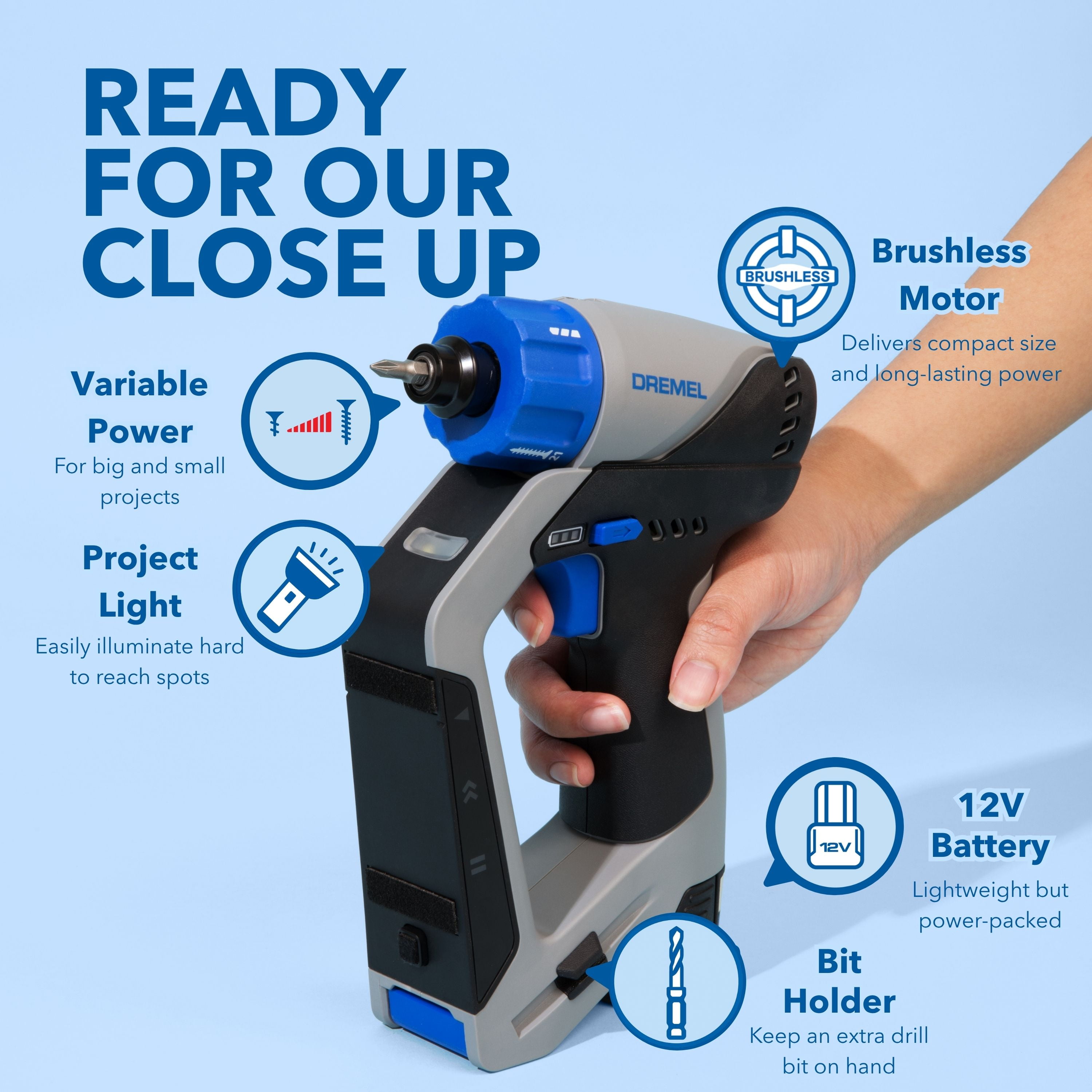 Dremel Blueprint 3 in 1 Drill/Driver with Integrated Stud Finder, Detachable Bubble Laser Level & 12 Bits - Image 3