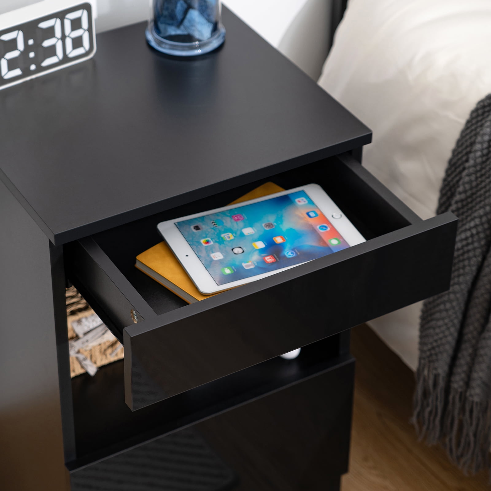 Hommpa Nightstand, 2 Drawer Nightstand Open Shelf Nightstands Bedside Table Modern End Tables Living Room High Gloss Side Table Bedroom Home Furniture Black - Image 3