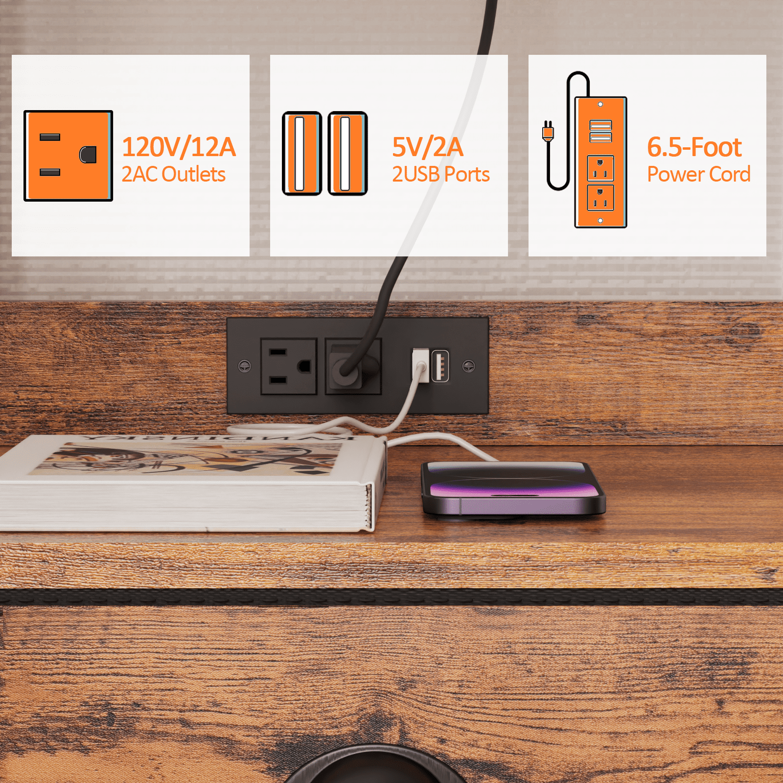 Furologee Set of 2 Nightstands, End Table with Charging Station, Bedside Tables with 2 Fabric Drawers, Night Stands with USB Ports & Power Outlets for Bedroom/Living Room/Hallway - Image 7