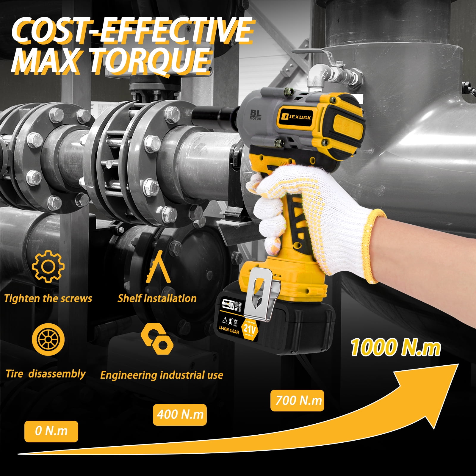 JEXUGK 1000N.m(740ft-lbs) 21V Cordless Impact Wrench,1/2 inch High Torque Impact Gun with 2 x 4.0Ah Batteries & 5 Sockets,Electric Impact Variable Speeds for Car Truck Mower - Image 2