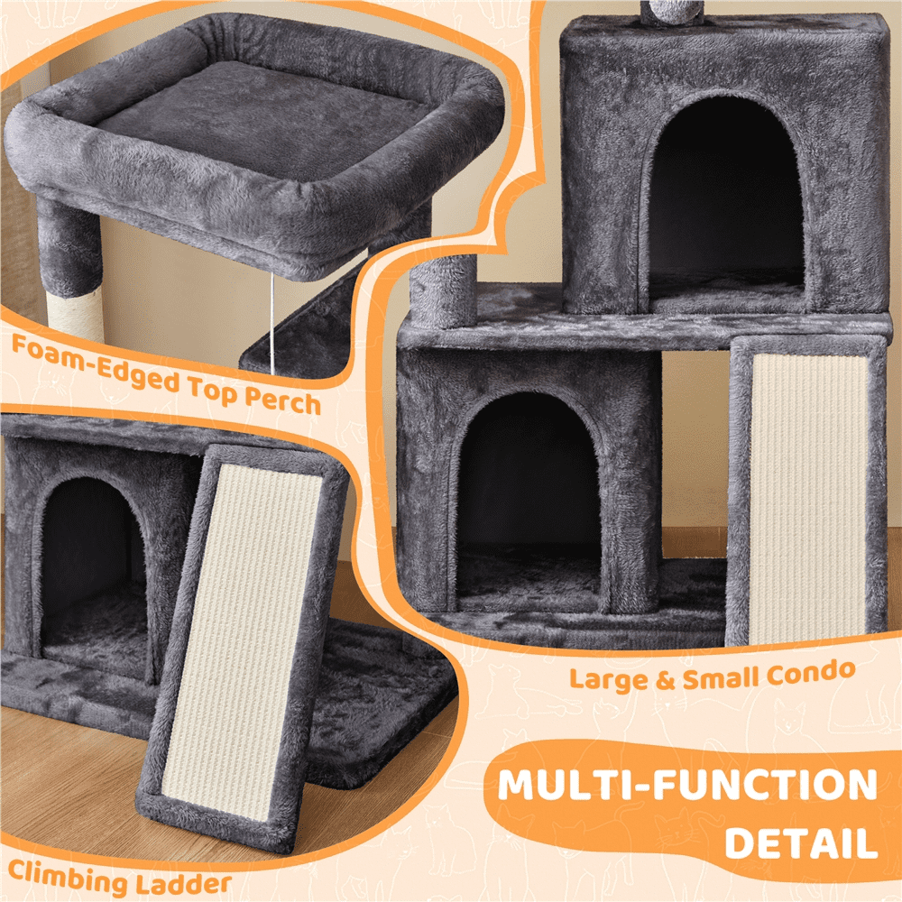 Alden Design 42" Multilevel Cat Tree Tower with Double Condos for Cats Kittens, Dark Gray - Image 6